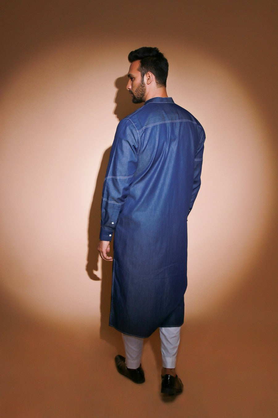 Denim jacket co-ord set with white piping deatling and wide trouser with side strip