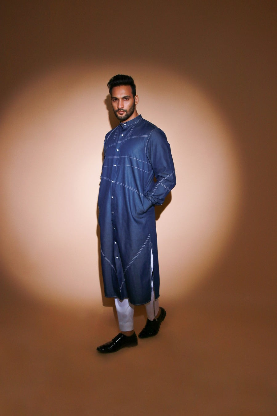 Denim jacket co-ord set with white piping deatling and wide trouser with side strip