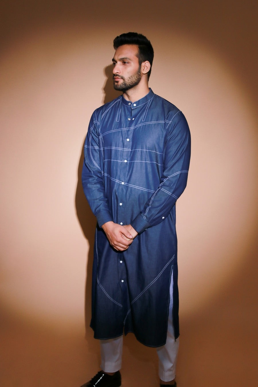 Denim jacket co-ord set with white piping deatling and wide trouser with side strip