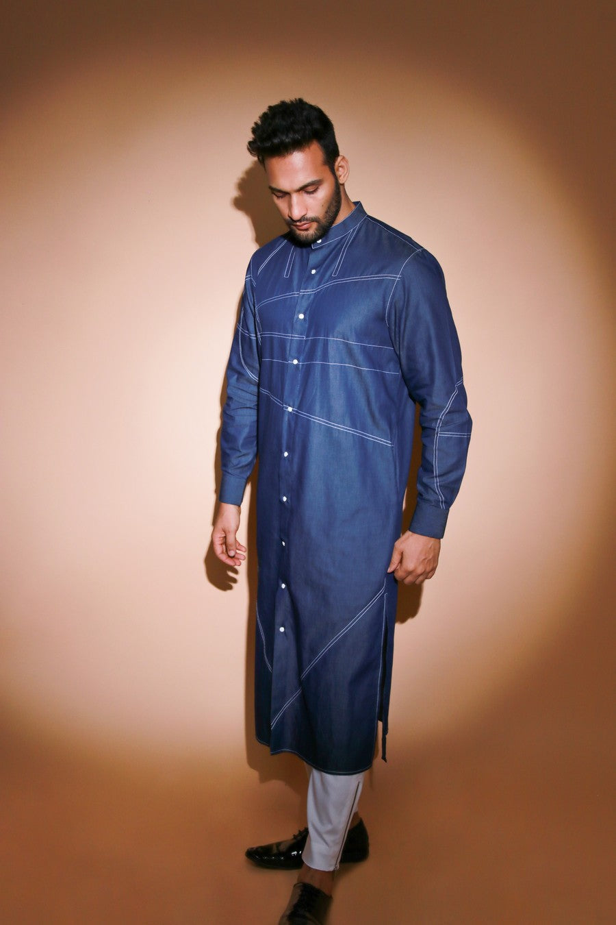 Denim jacket co-ord set with white piping deatling and wide trouser with side strip