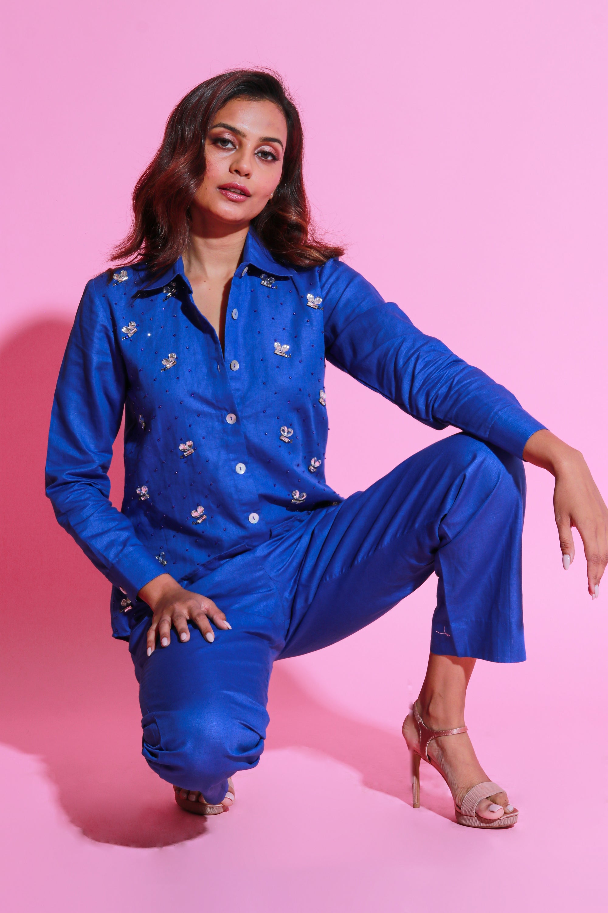 Ink Blue linen co-ord set with embroidery