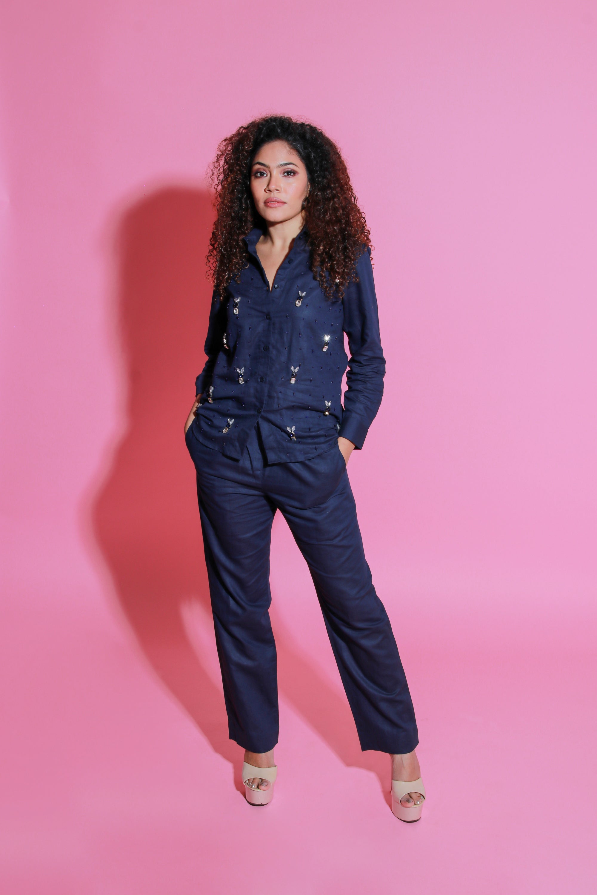 Navy blue linen co-ord set with embroidery