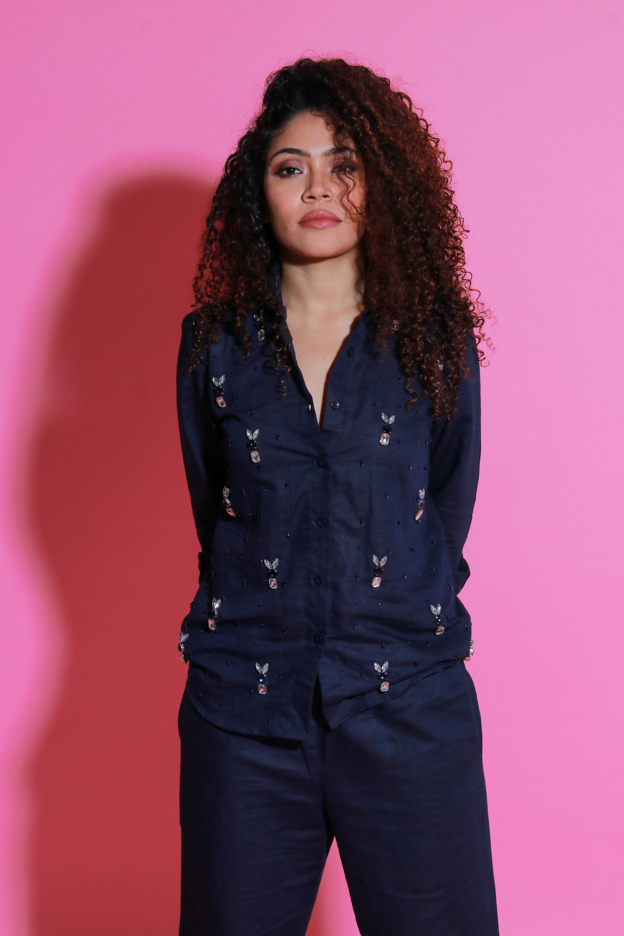 Navy blue linen co-ord set with embroidery