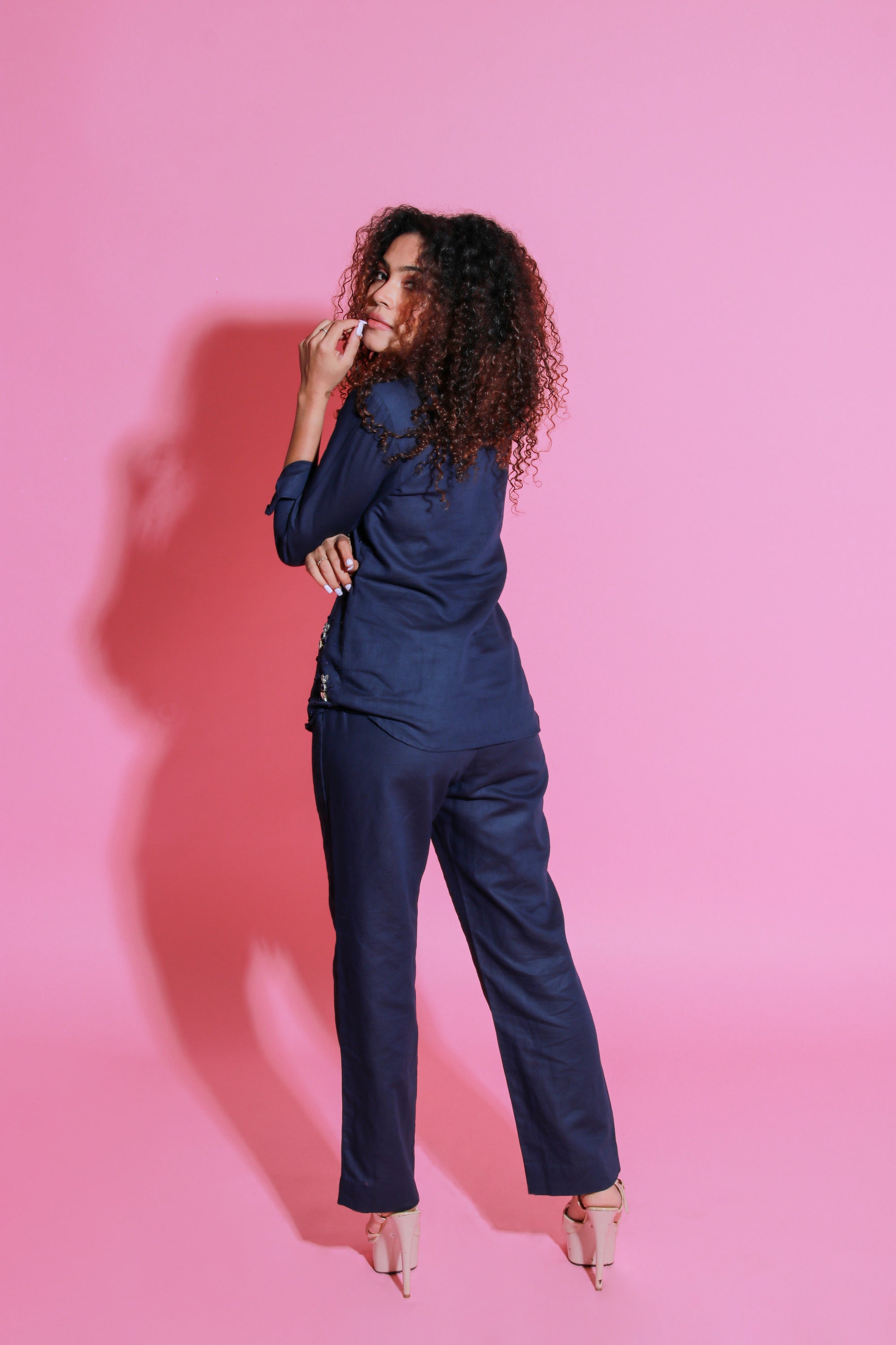 Navy blue linen co-ord set with embroidery