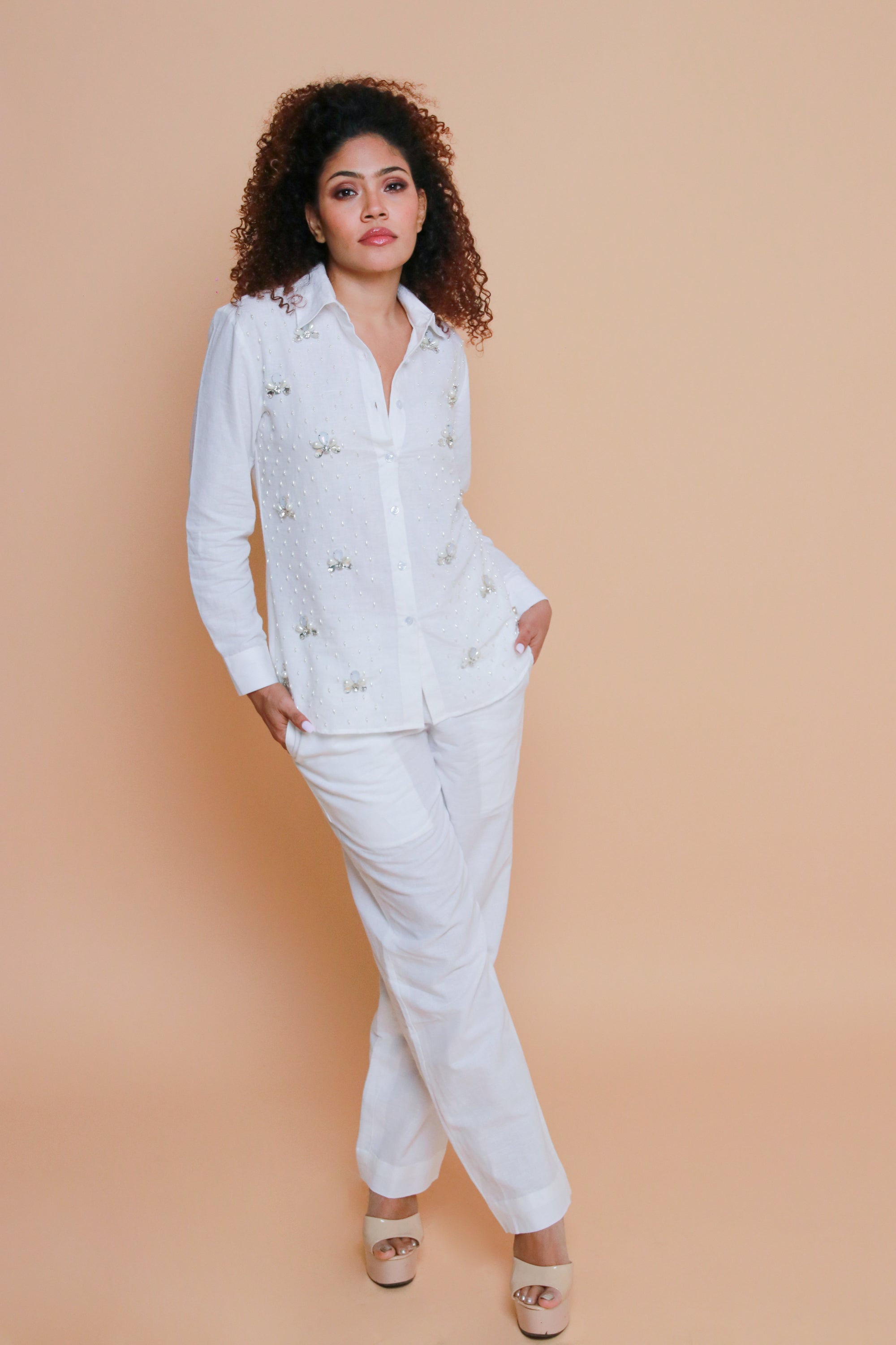 White linen co-ord set with embroidery