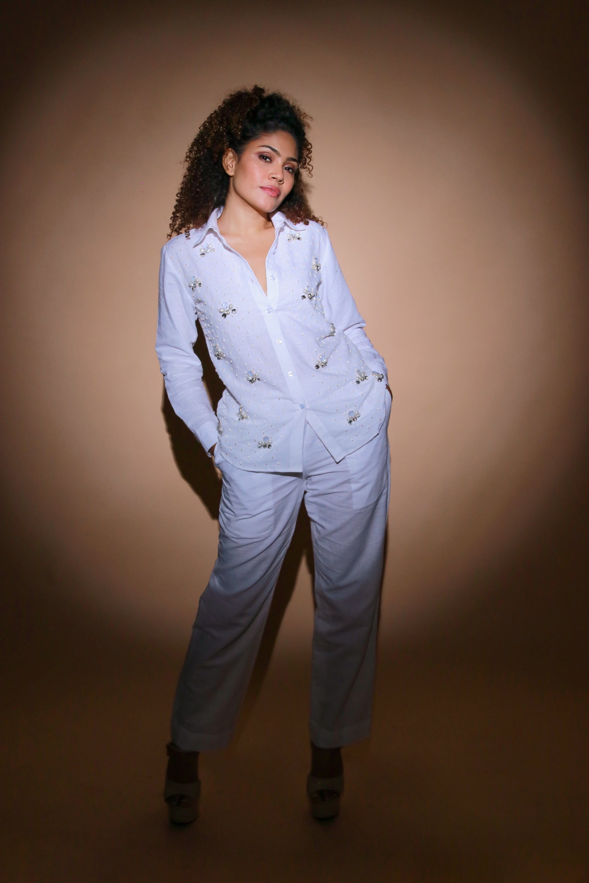 White linen co-ord set with embroidery