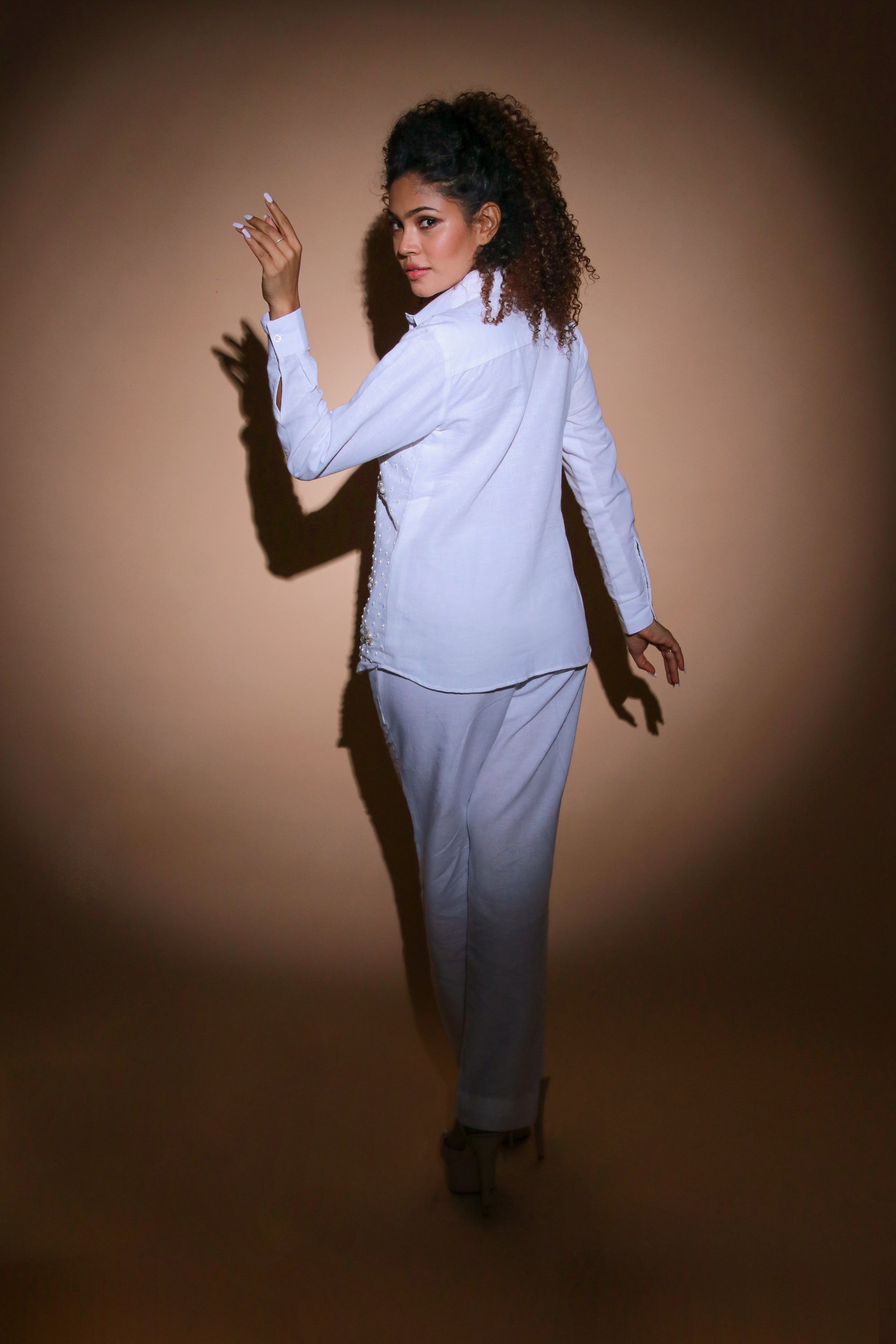 White linen co-ord set with embroidery