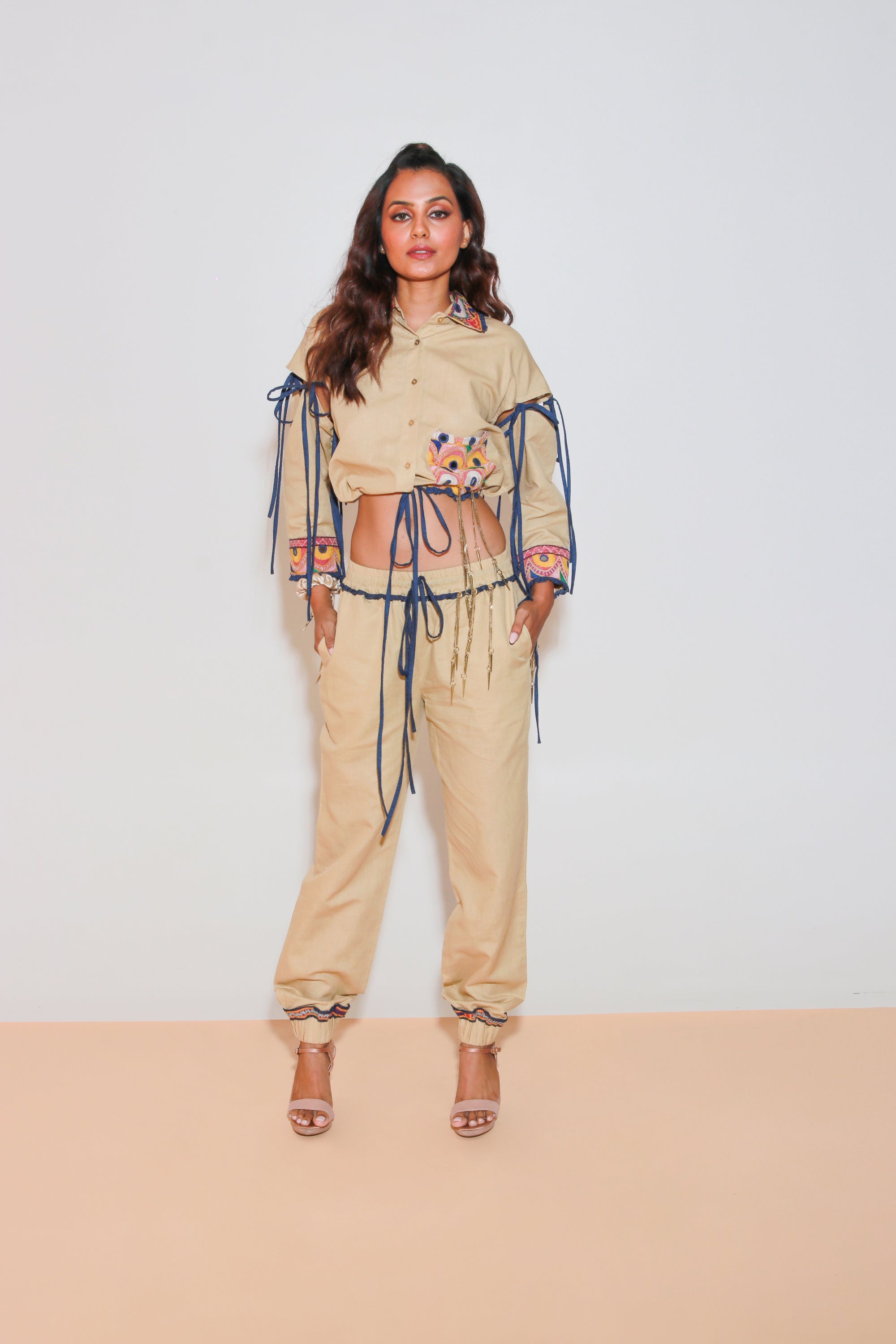 Denim and khaki tie-up crop top and jogger pants