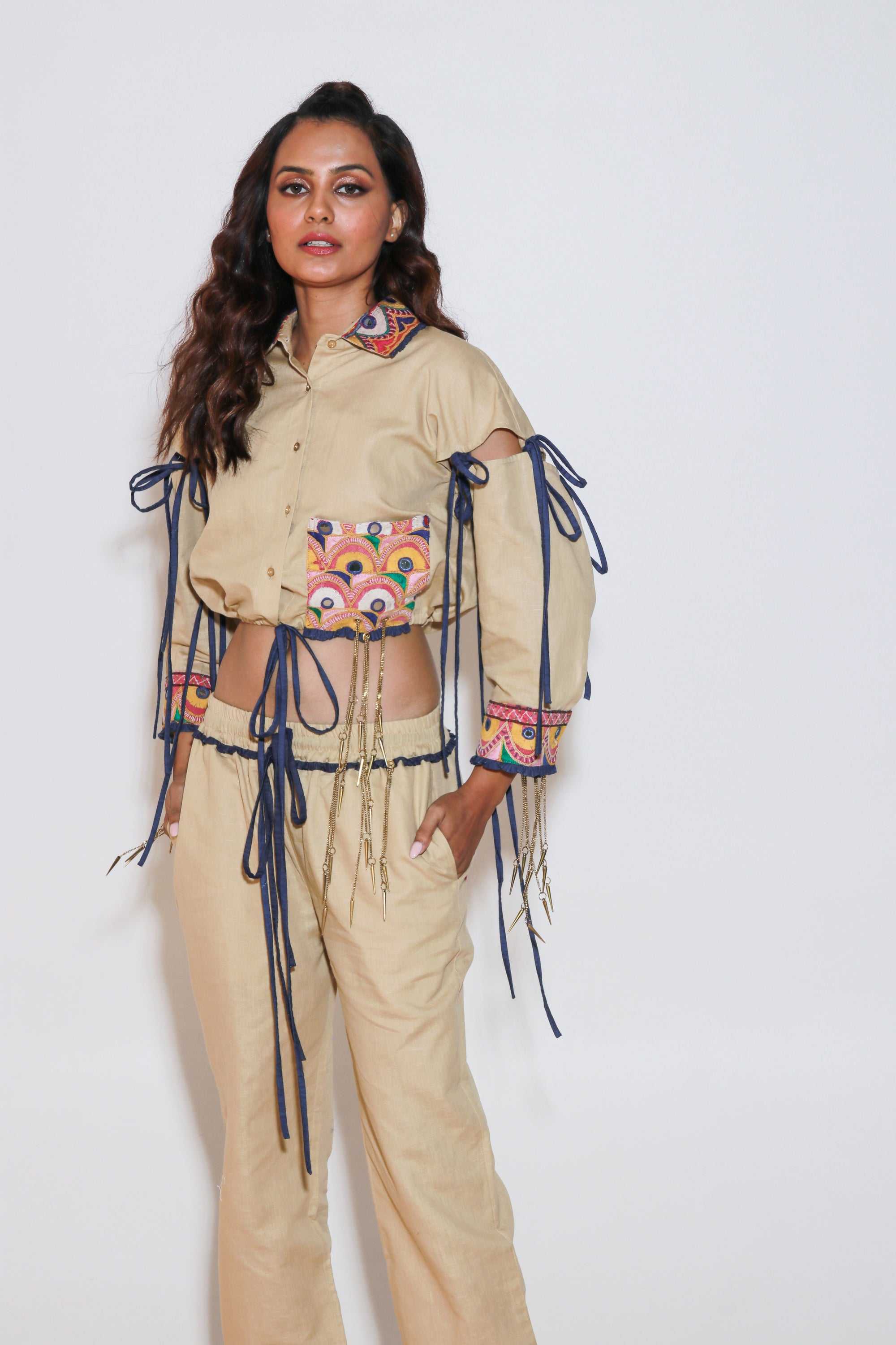 Denim and khaki tie-up crop top and jogger pants