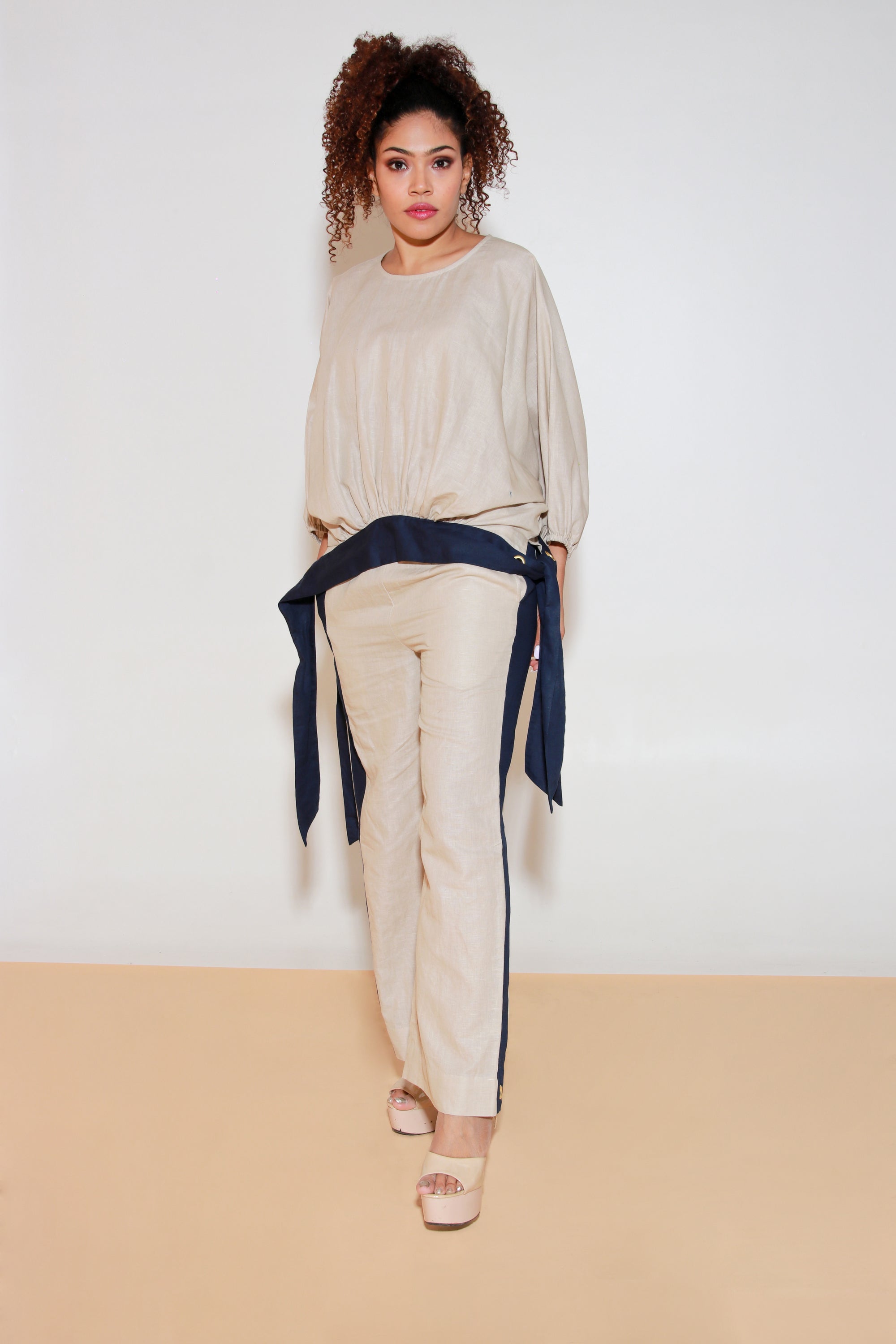 Ecru and blue linen co-ord set