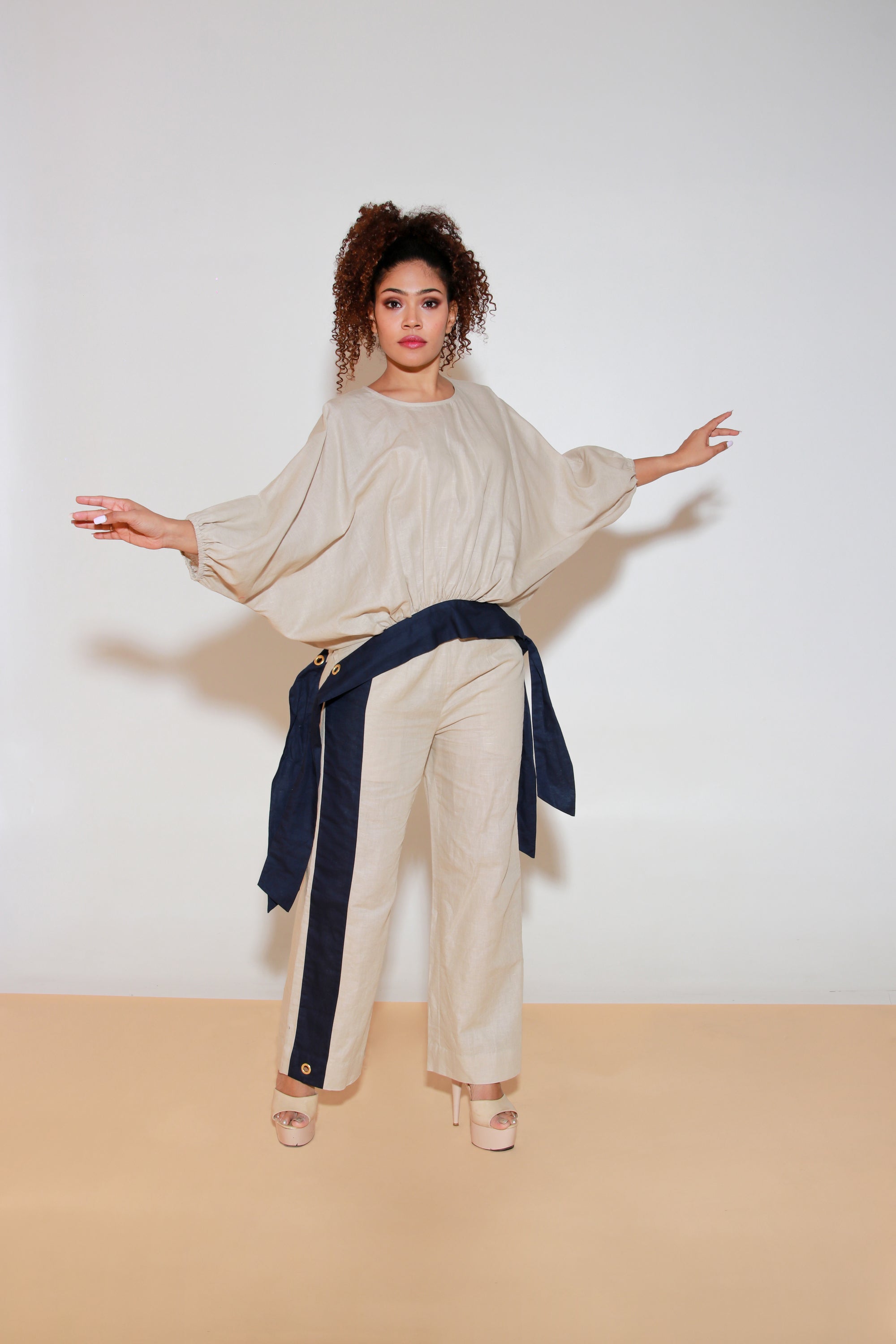 Ecru and blue linen co-ord set
