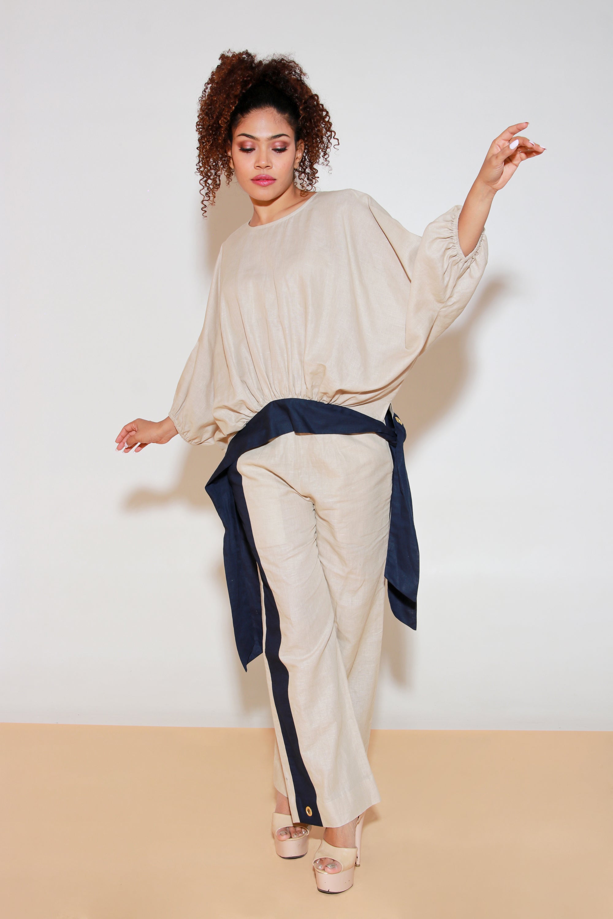Ecru and blue linen co-ord set