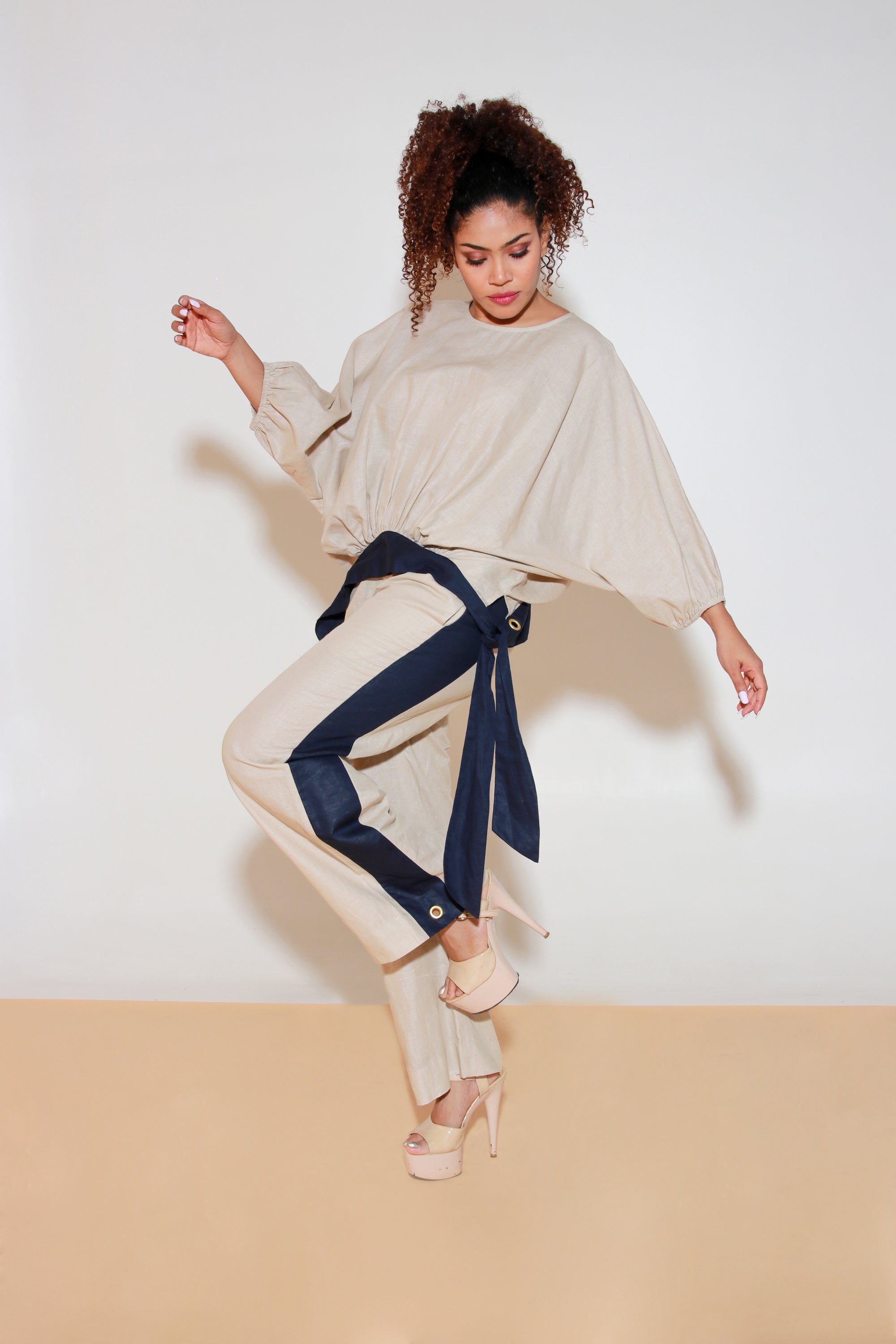 Ecru and blue linen co-ord set