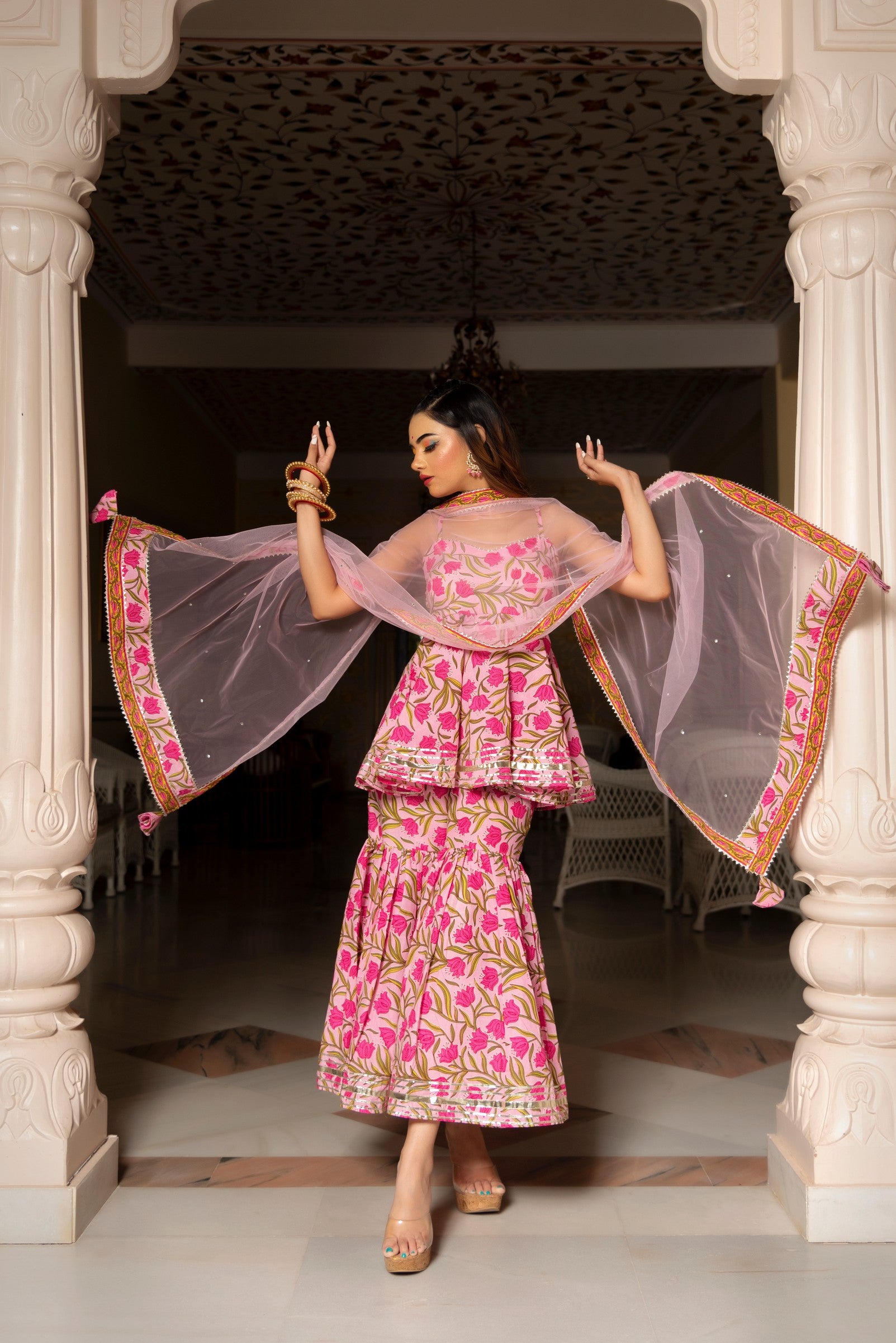 NAZAKAT PINK COTTON HAND BLOCK SHARARA SET