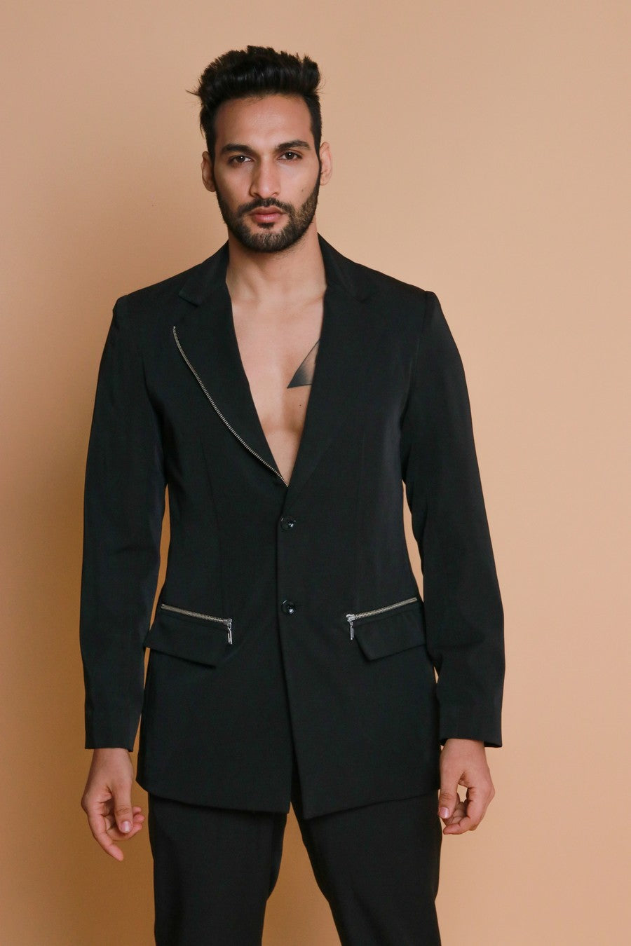Black jacket with zippers and narrow fitted pants