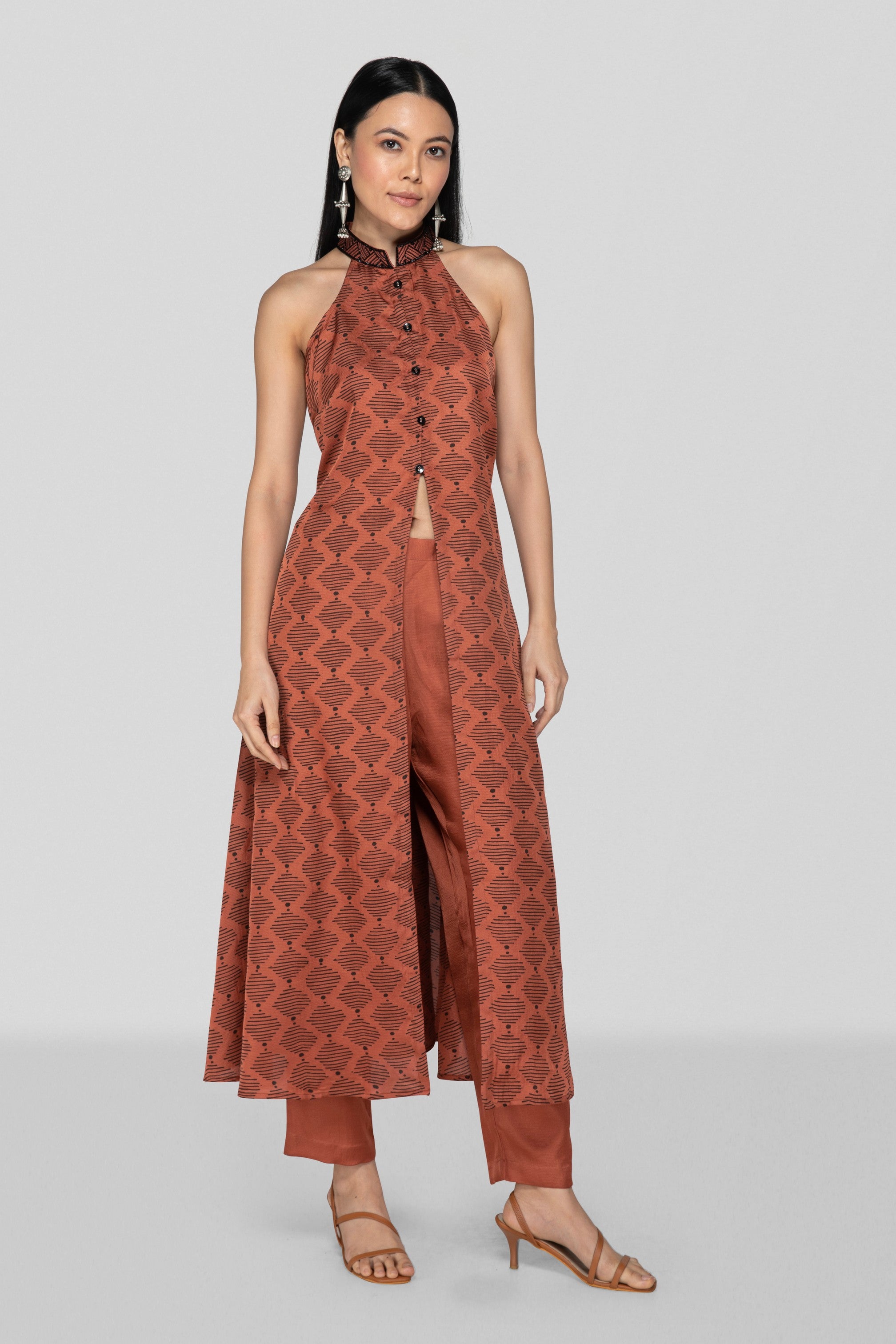 Dark Peach Hand Block Printed Halter Neck Co-ord Set