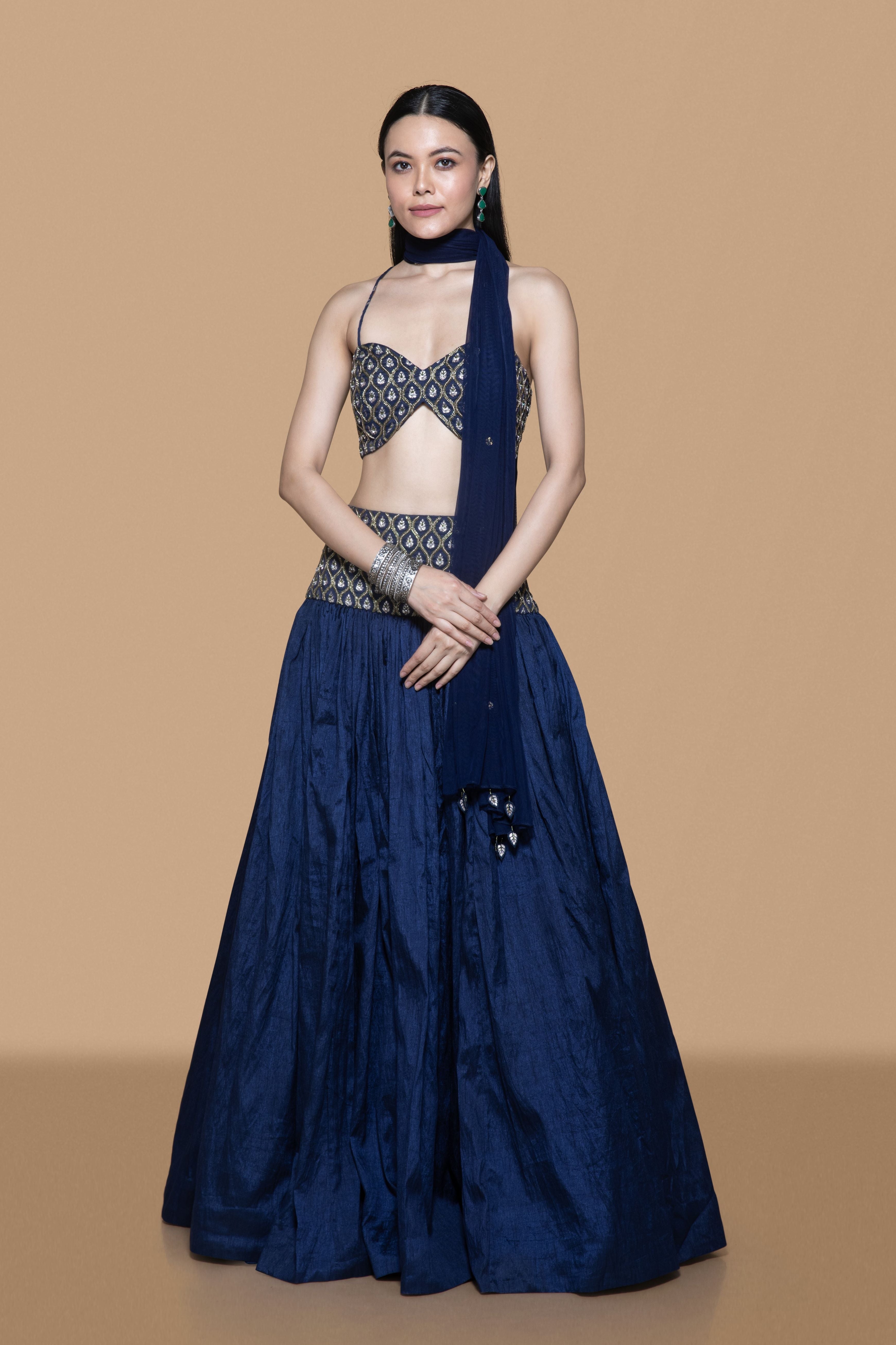 Blue Embroidered Brocade Lehenga Set