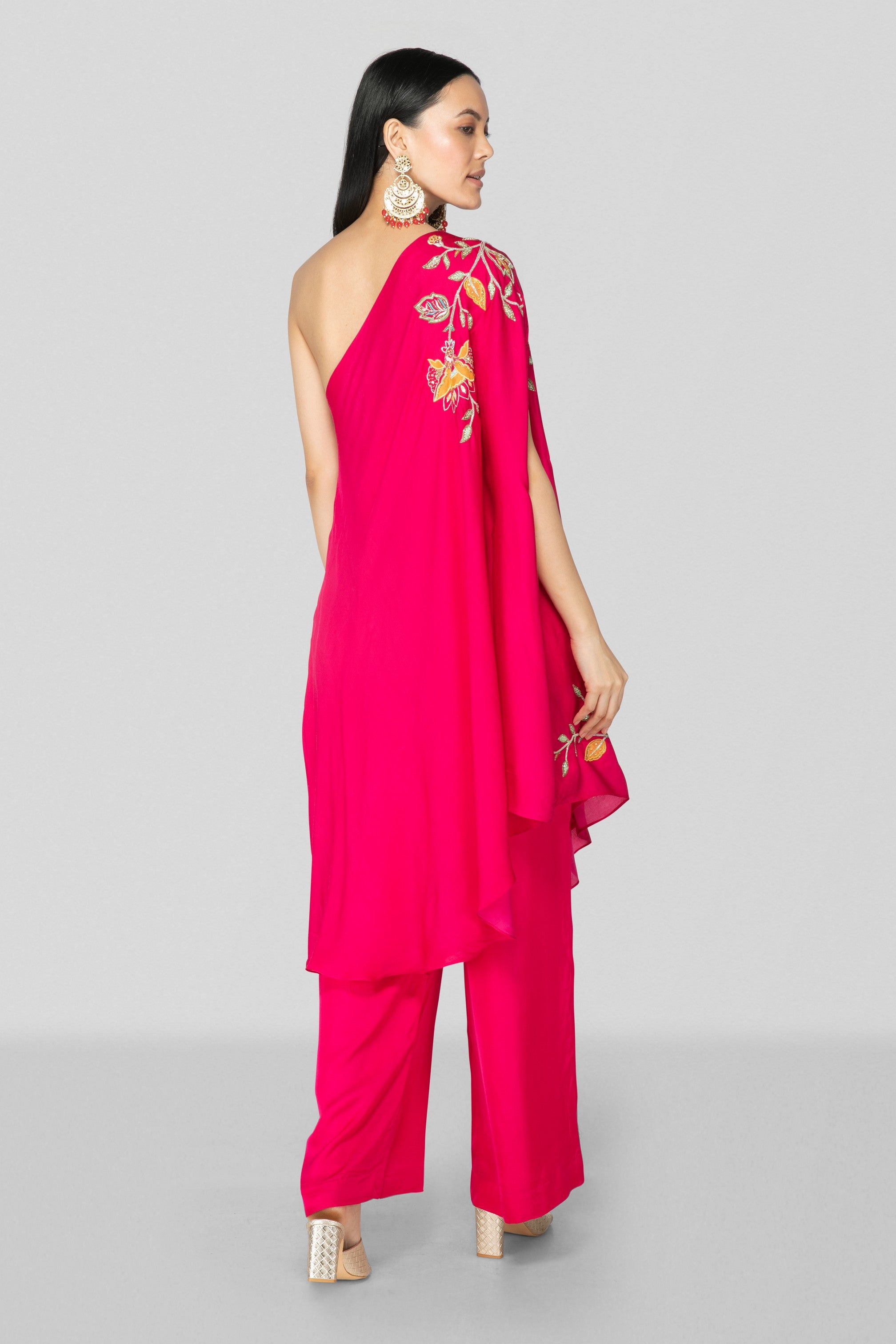 Hot Pink One Shoulder Applique Co-ord Set