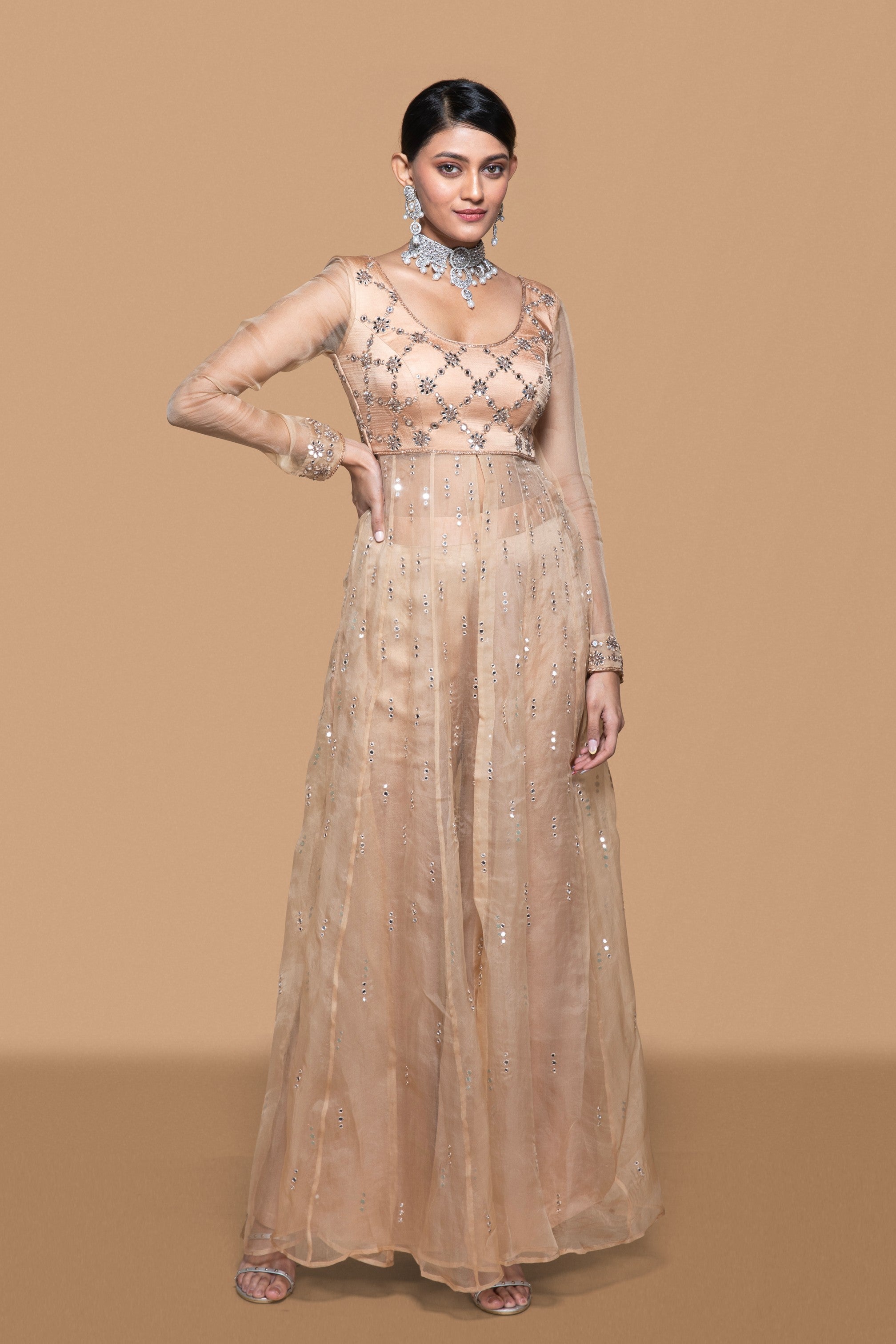 Fawn Mirror Work Indo Western Set