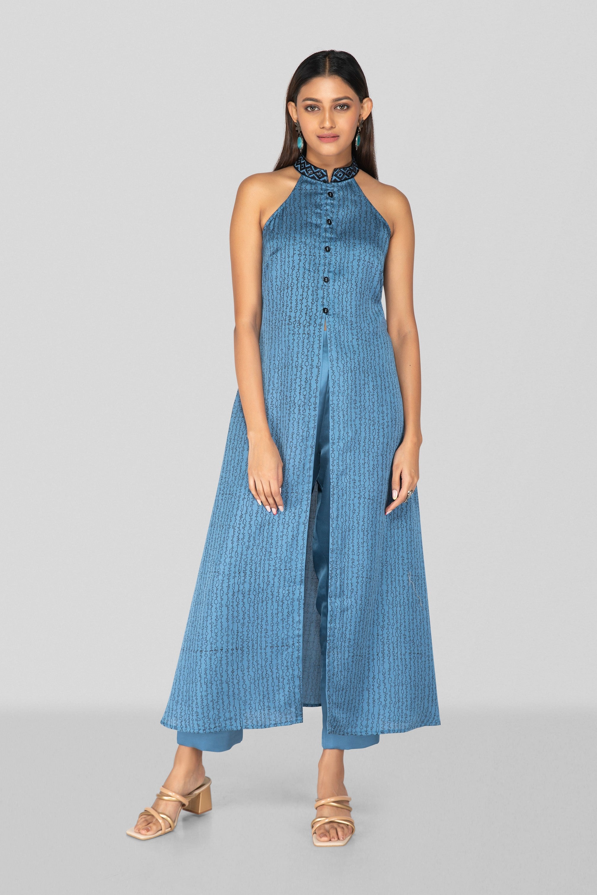 Command Blue Hand Block Printed Halter Neck Co-ord Set