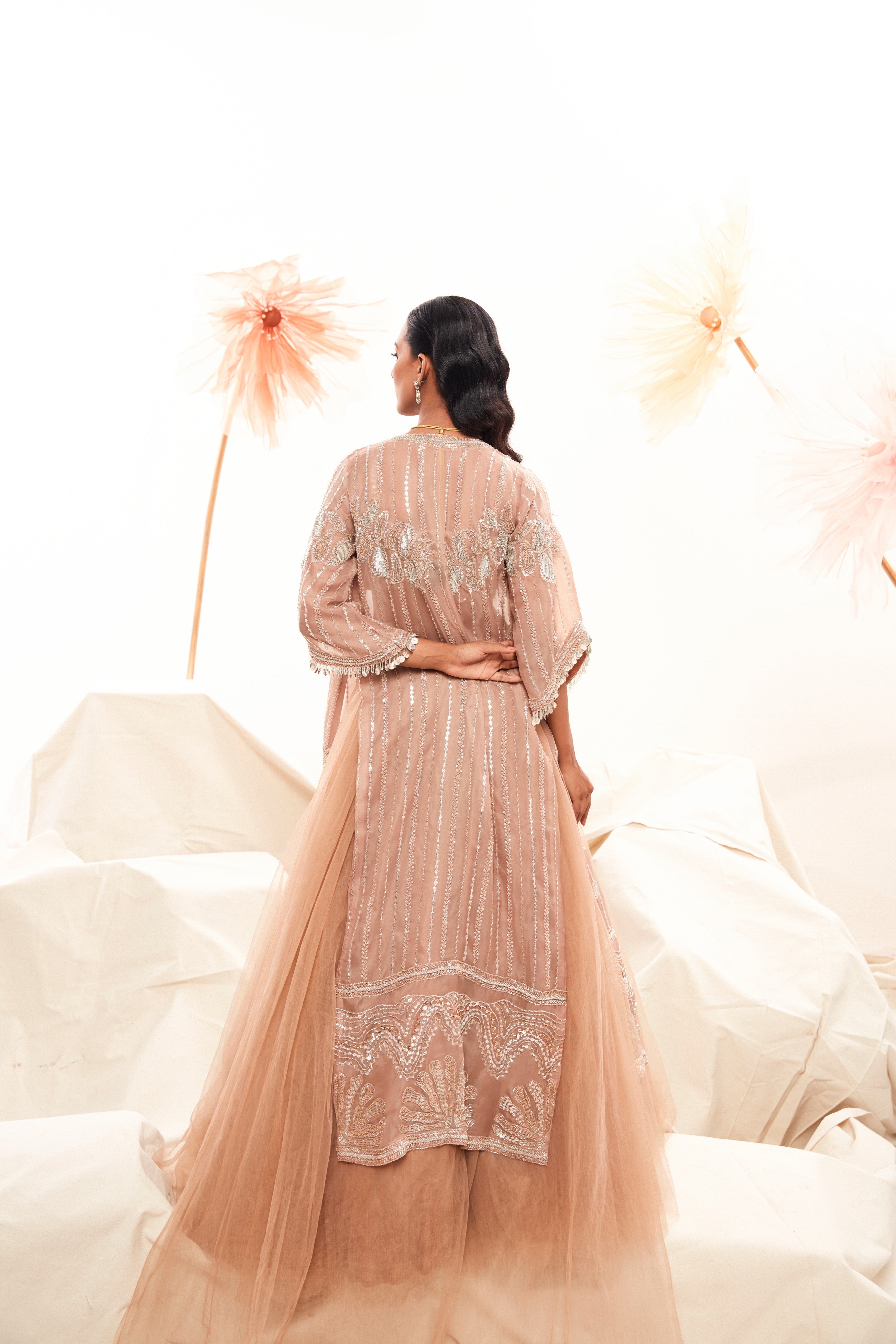 Soft Blush Pink Tule Lehenga with organza cape