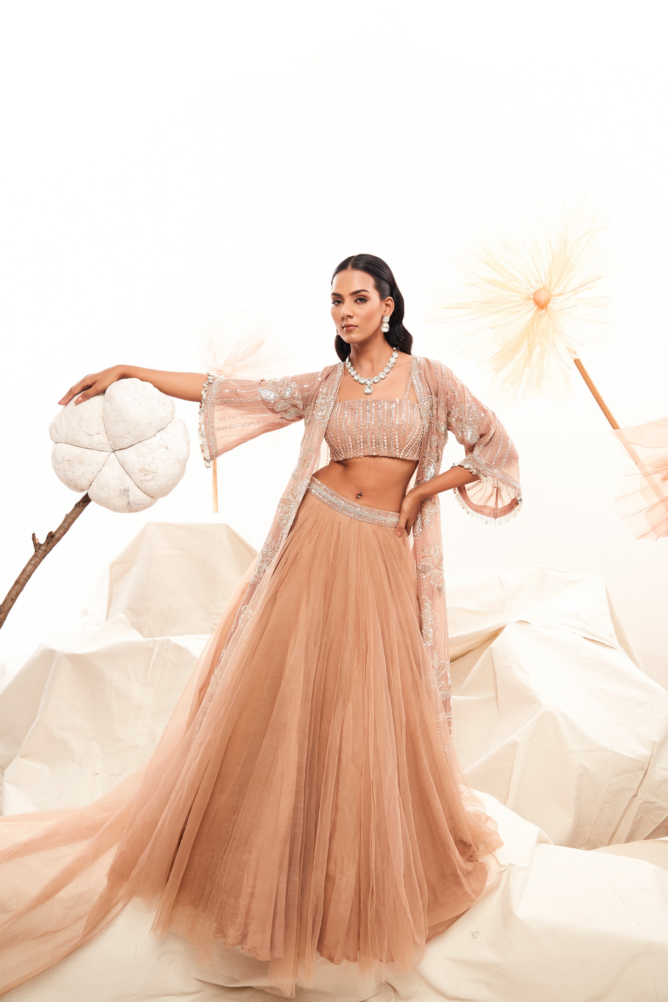 Soft Blush Pink Tule Lehenga with organza cape
