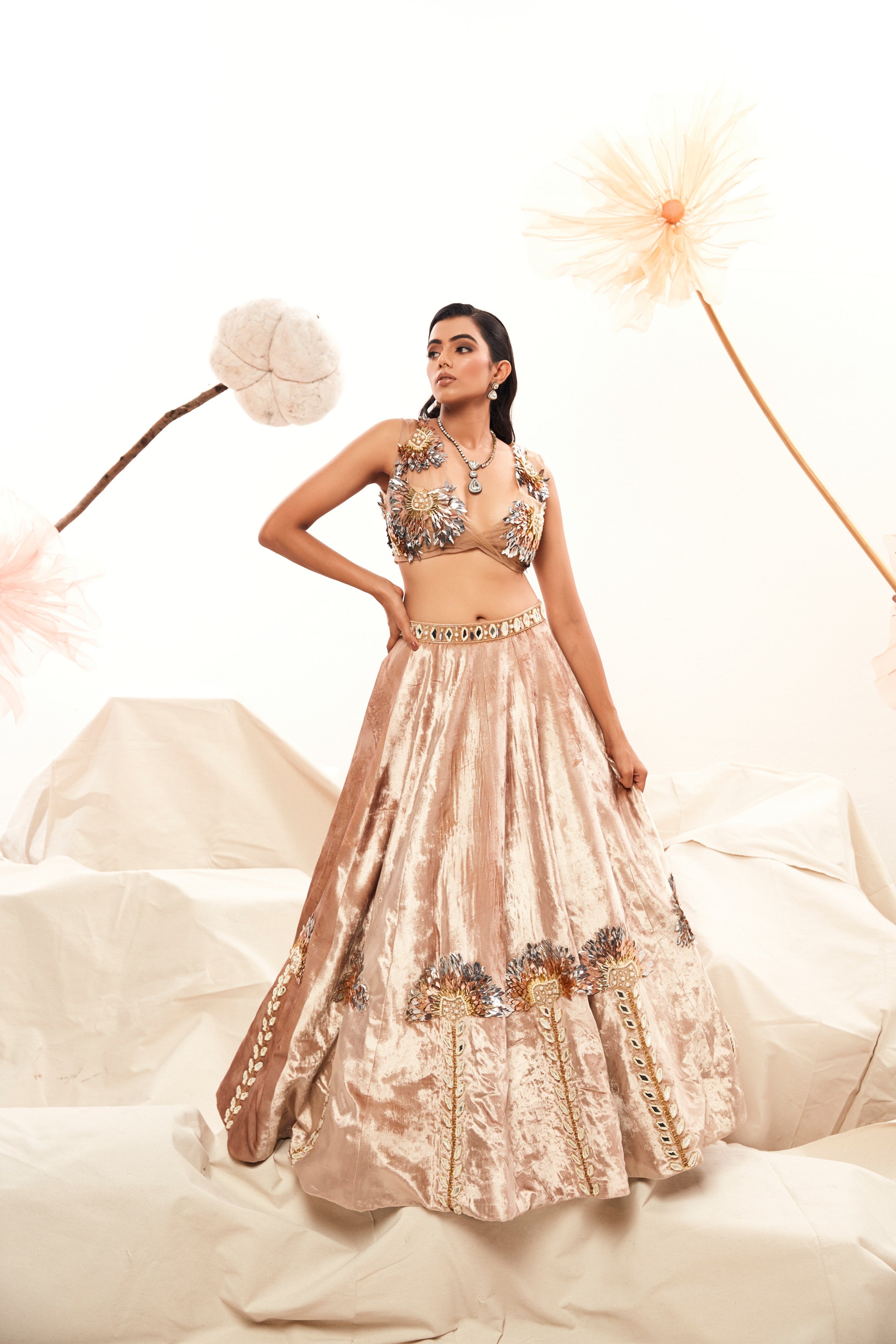 Champaign colour velvet lehenga