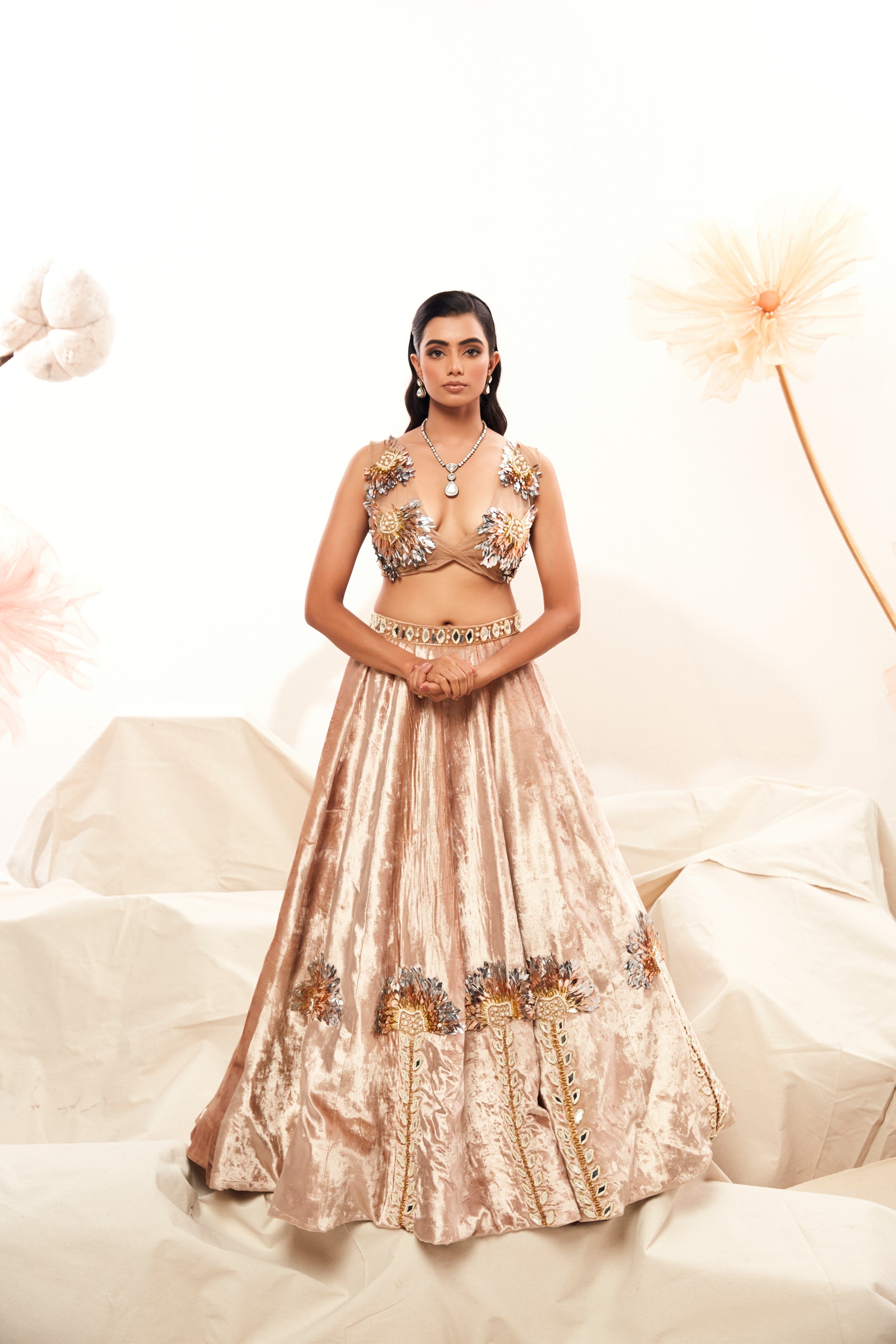 Champaign colour velvet lehenga