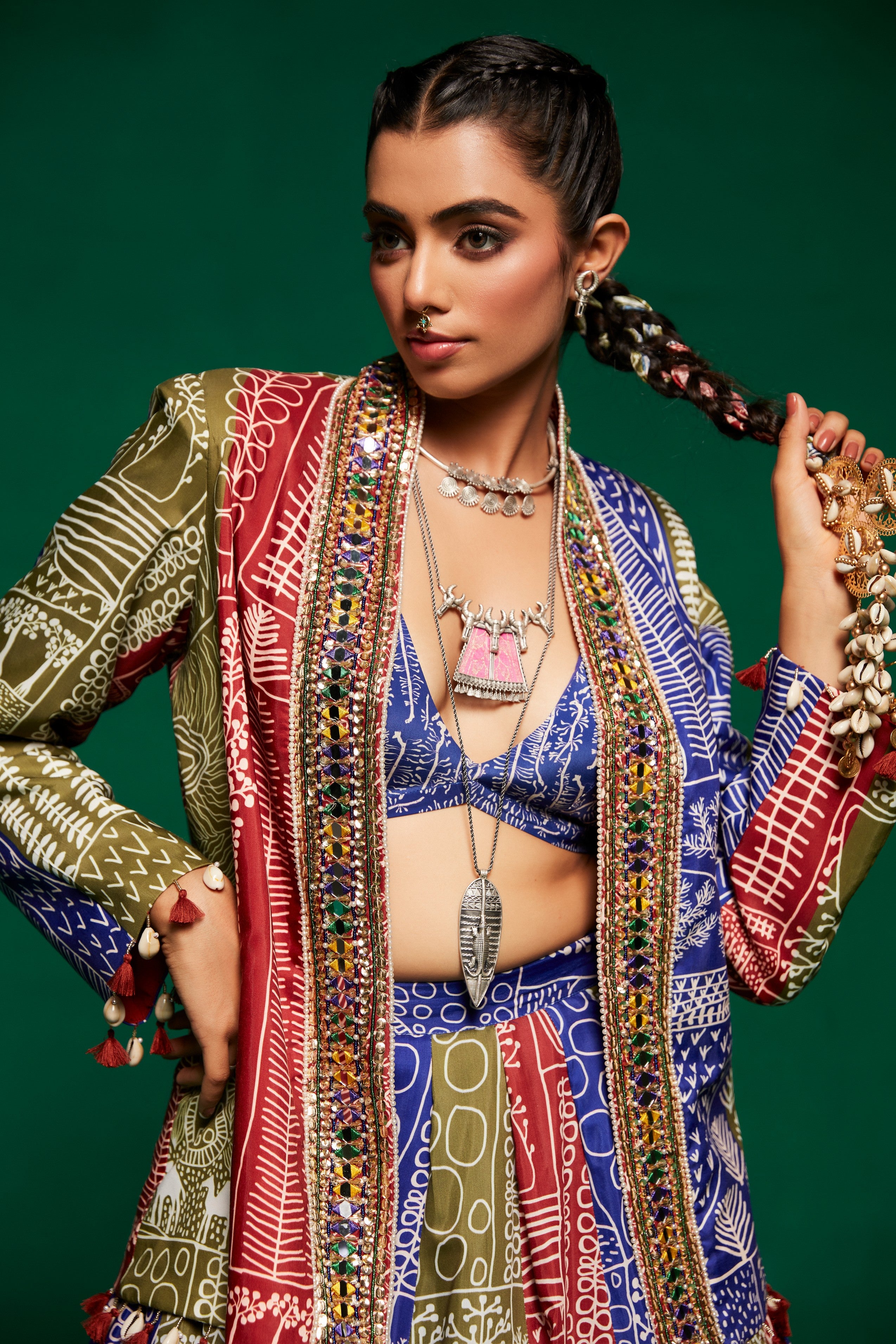 Tri - coloured printed lehenga with bustier and blazer