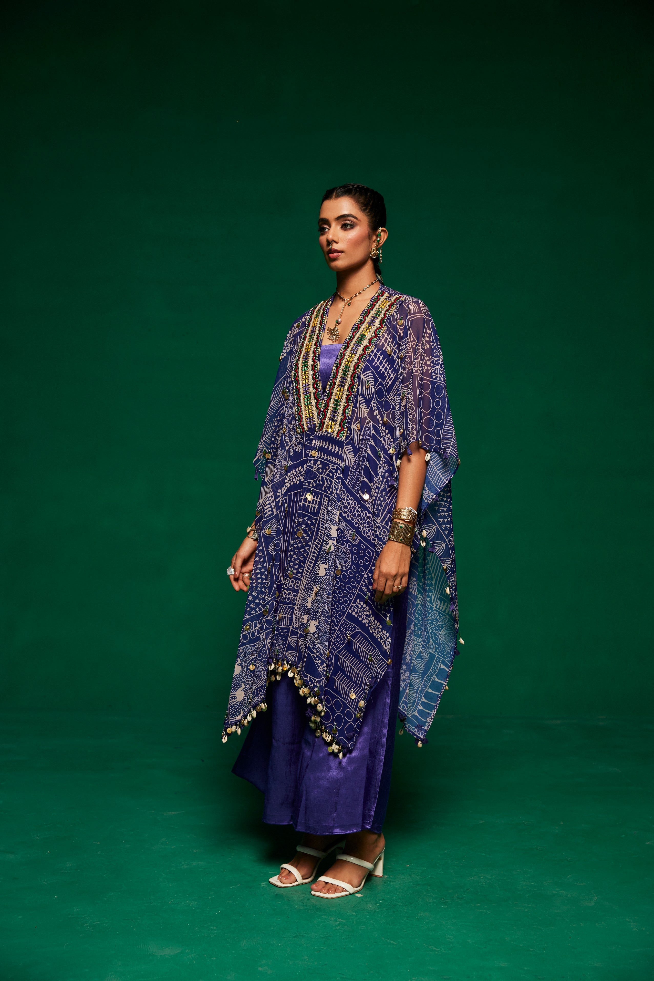 printed Georgette cape with tube top & flared pants