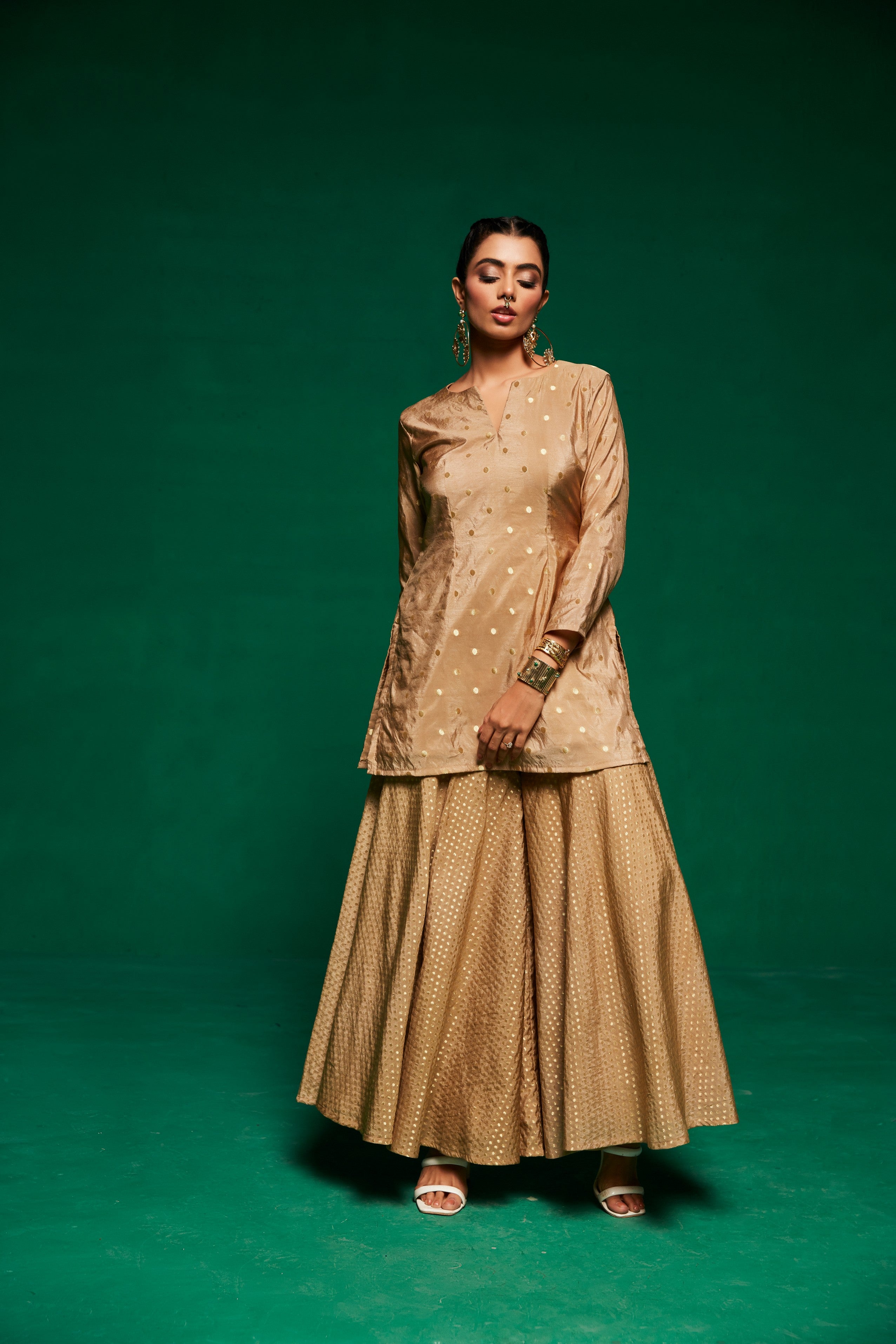 printed Georgette cape with kurta and wide leg pants