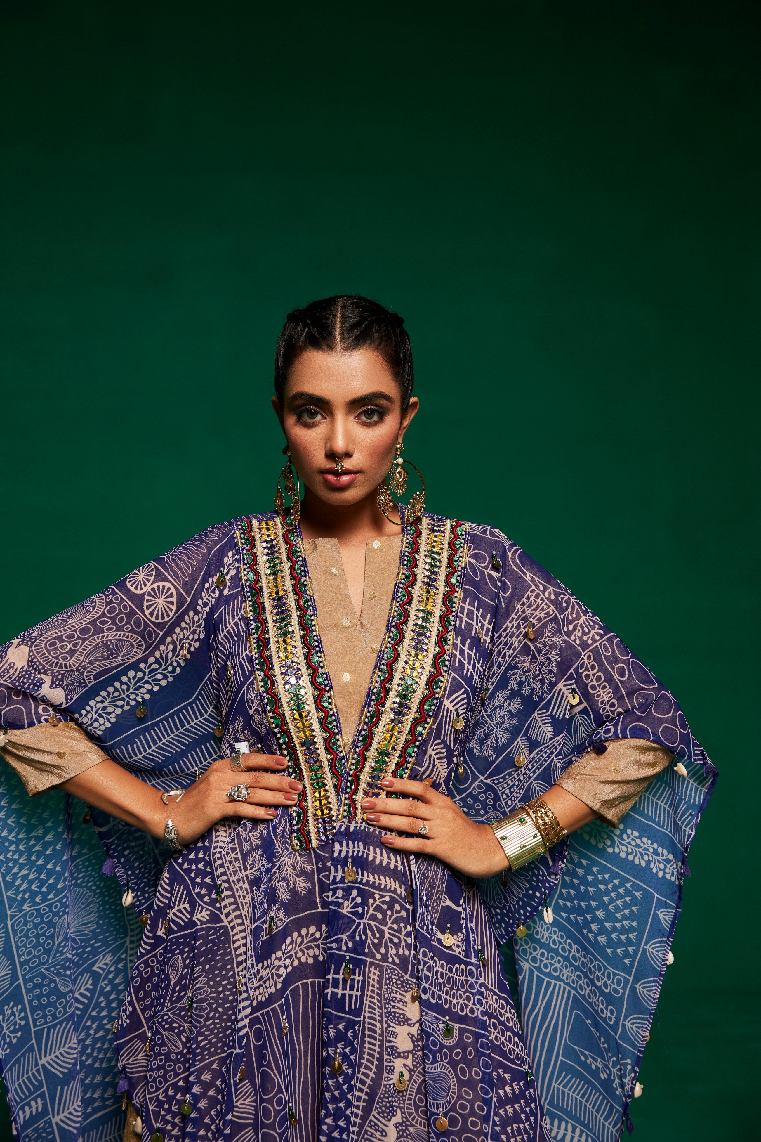 printed Georgette cape with kurta and wide leg pants