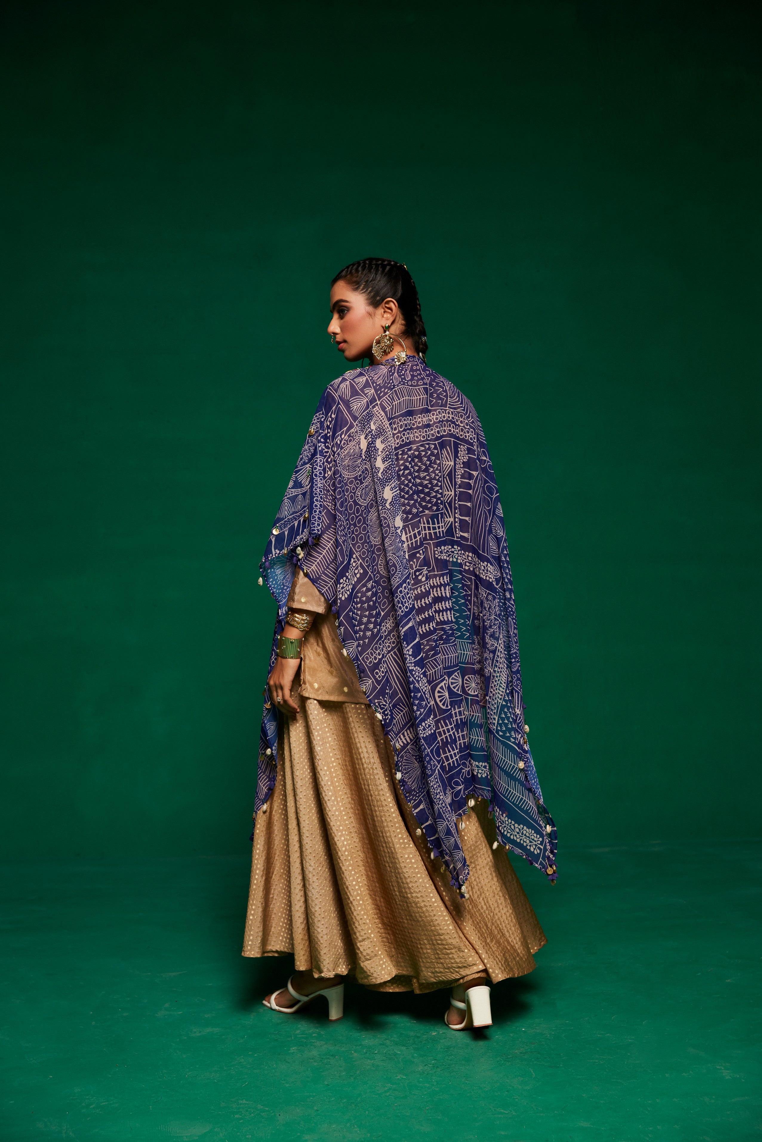 printed Georgette cape with kurta and wide leg pants