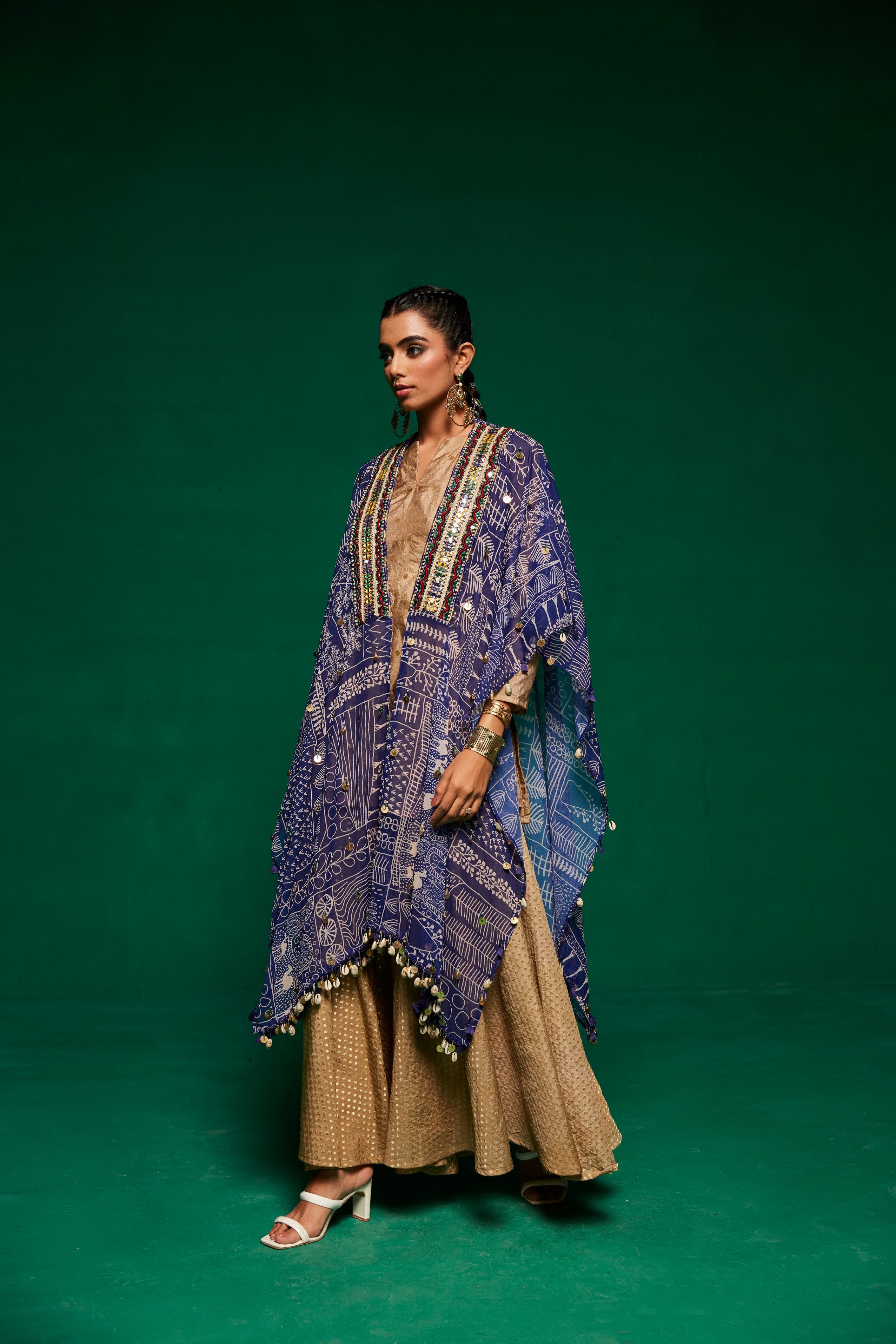 printed Georgette cape with kurta and wide leg pants