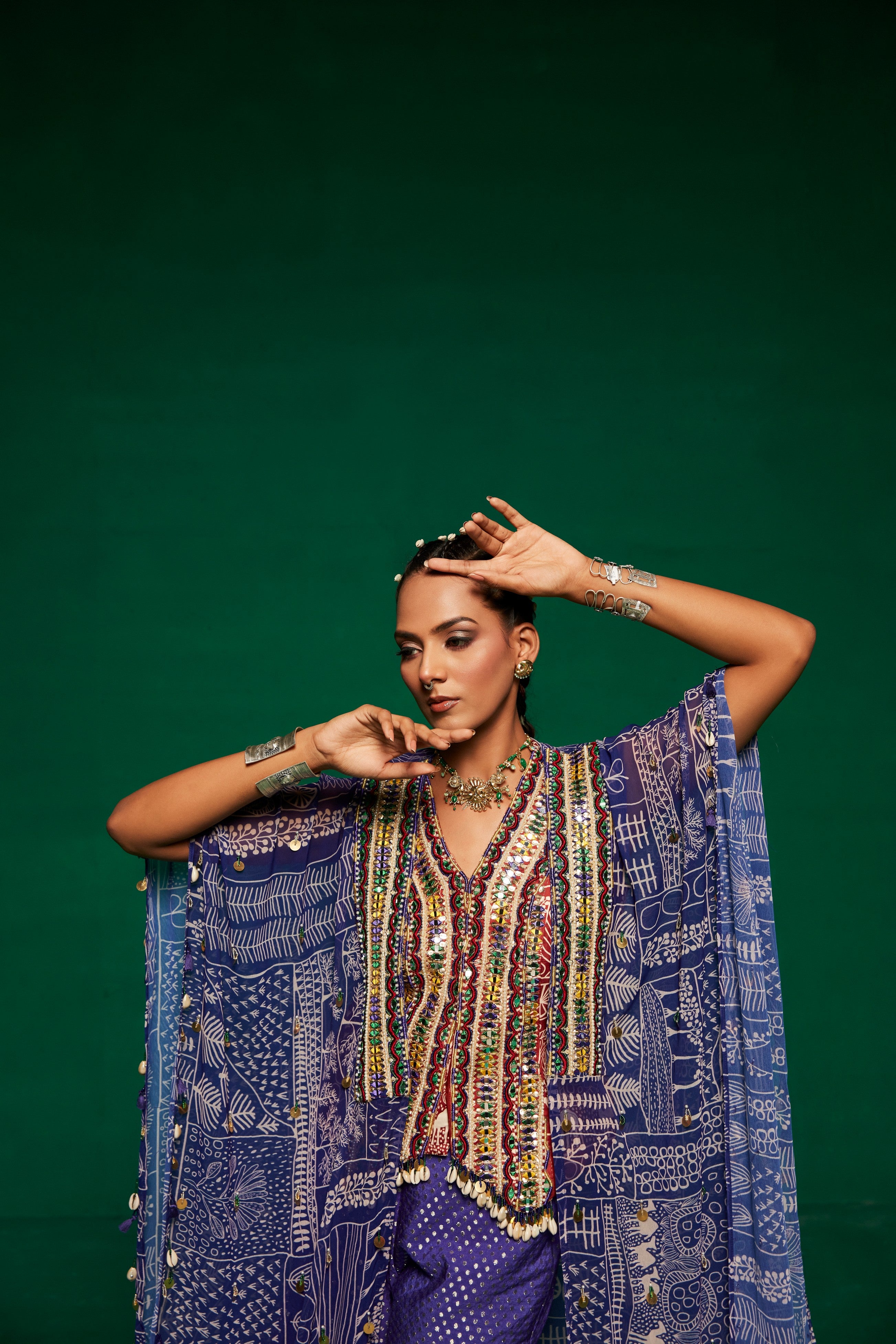 Blue Georgette cape with embroidered waist coat and sharara pants