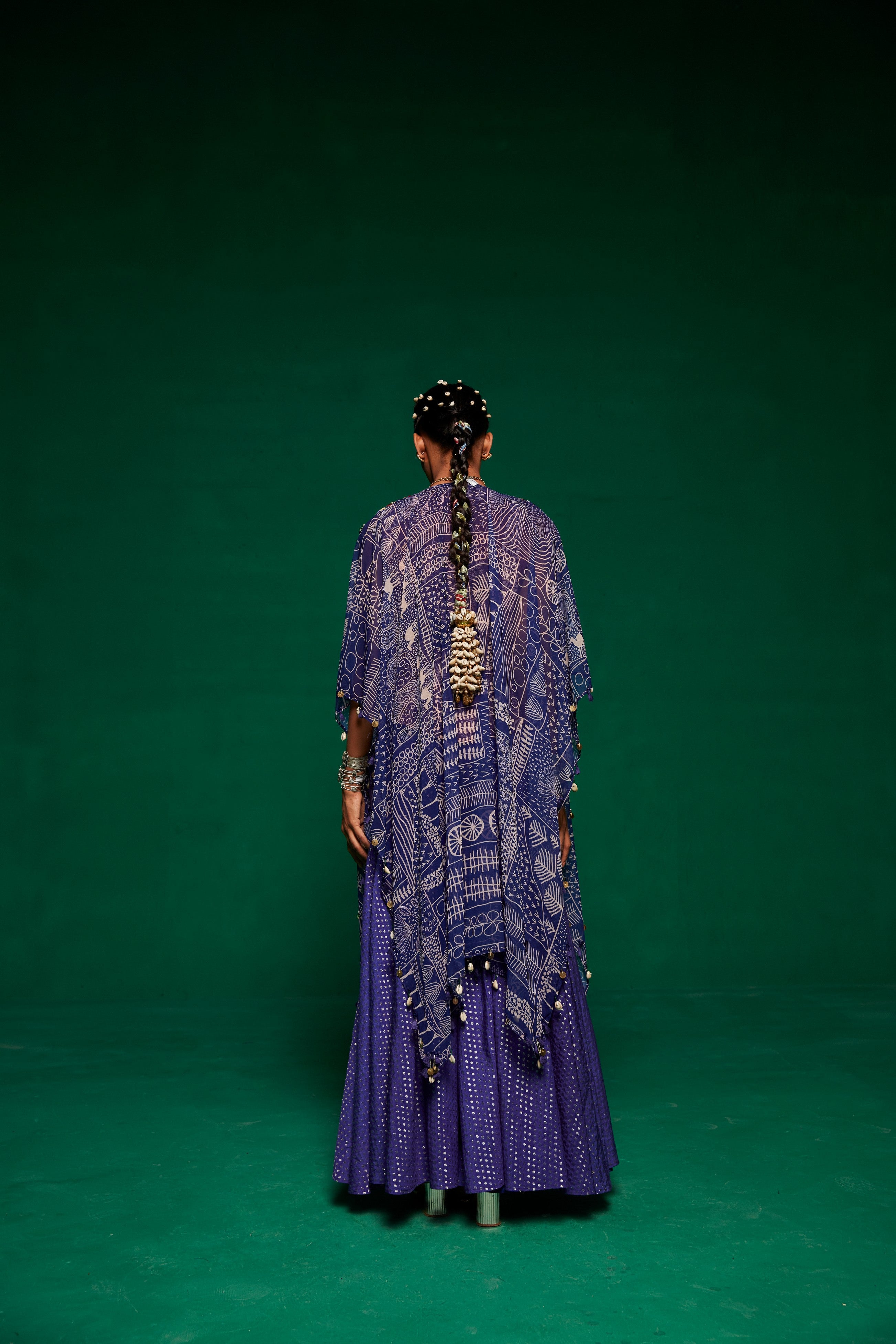 Blue Georgette cape with embroidered waist coat and sharara pants