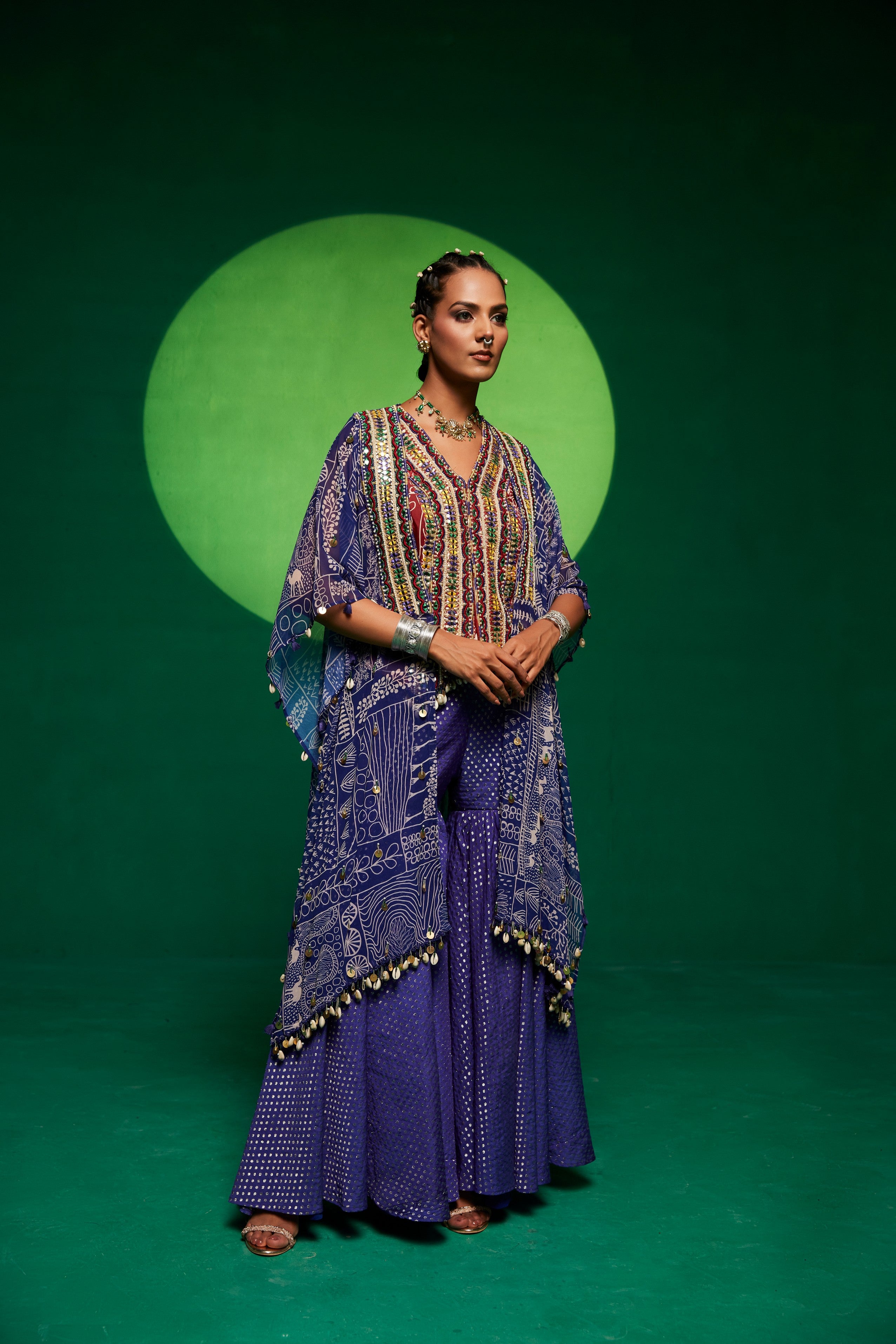 Blue Georgette cape with embroidered waist coat and sharara pants