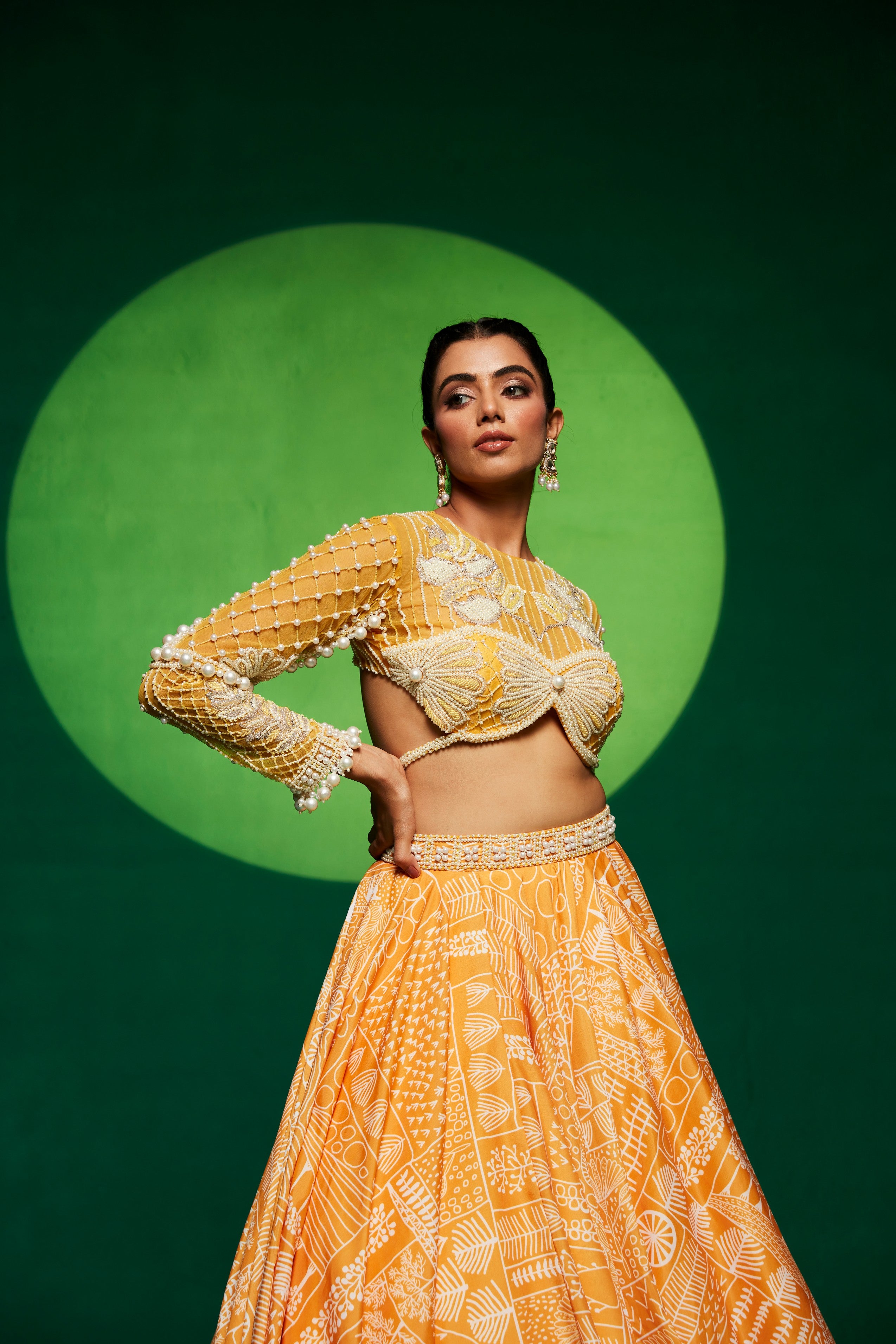 Yellow printed lehenga set