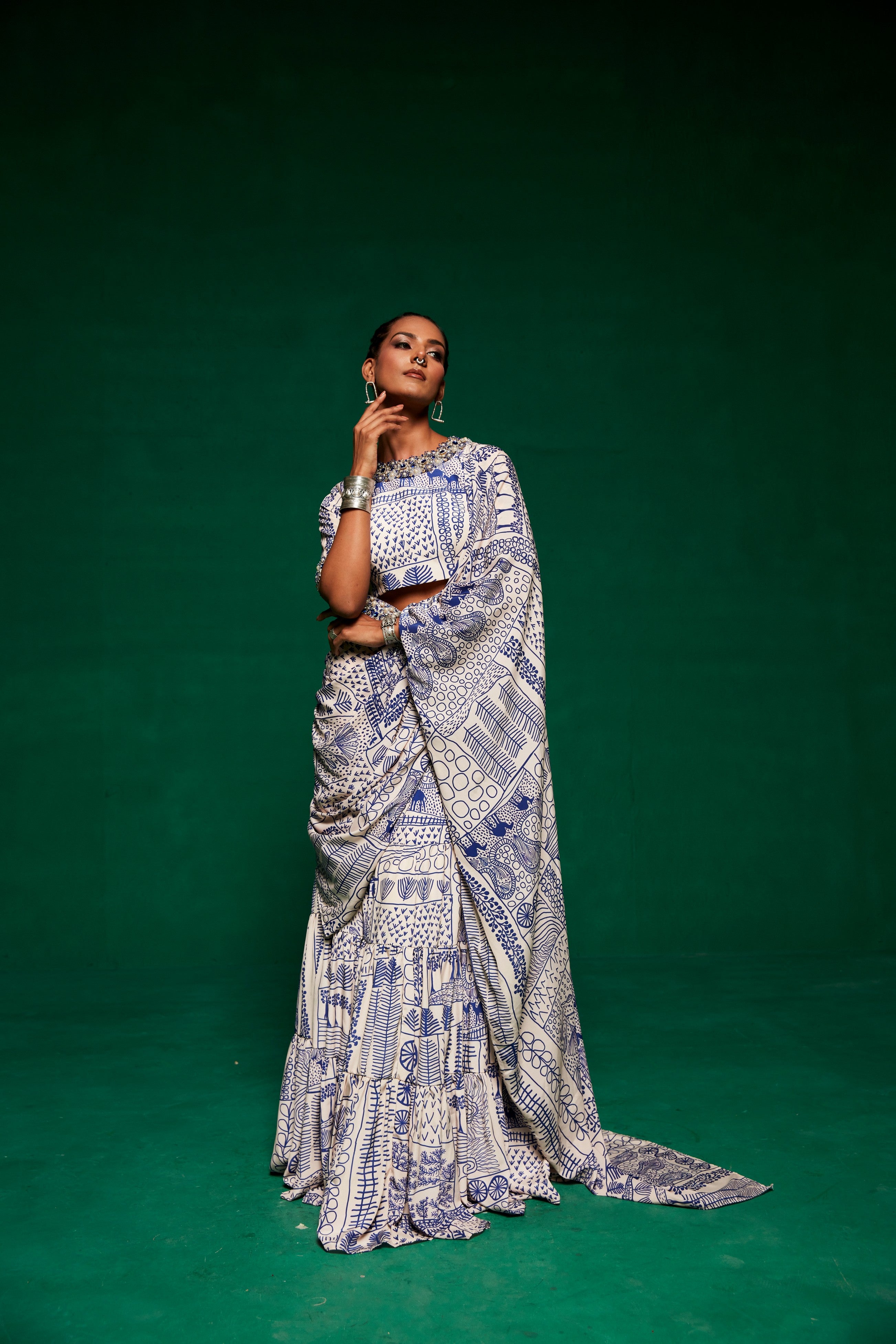 Off white & blue pre-draped ruffle saree
