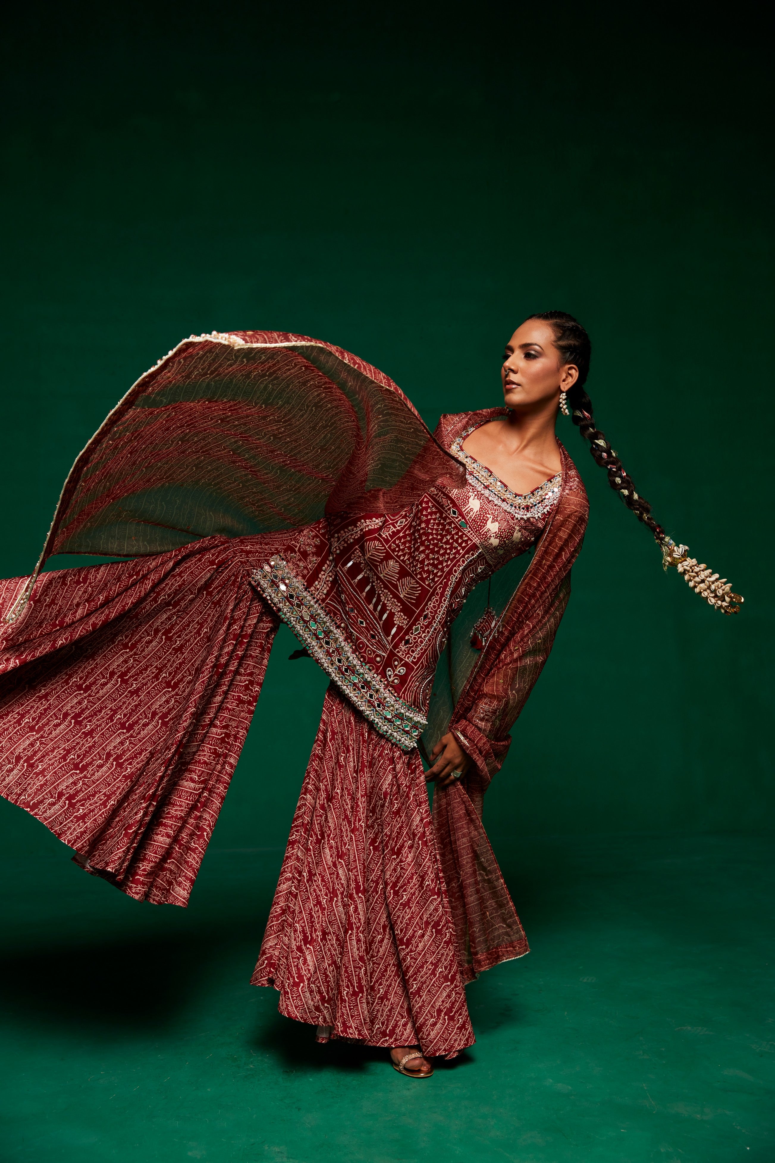 Embroidered kurta with sharara pants and organza dupatta