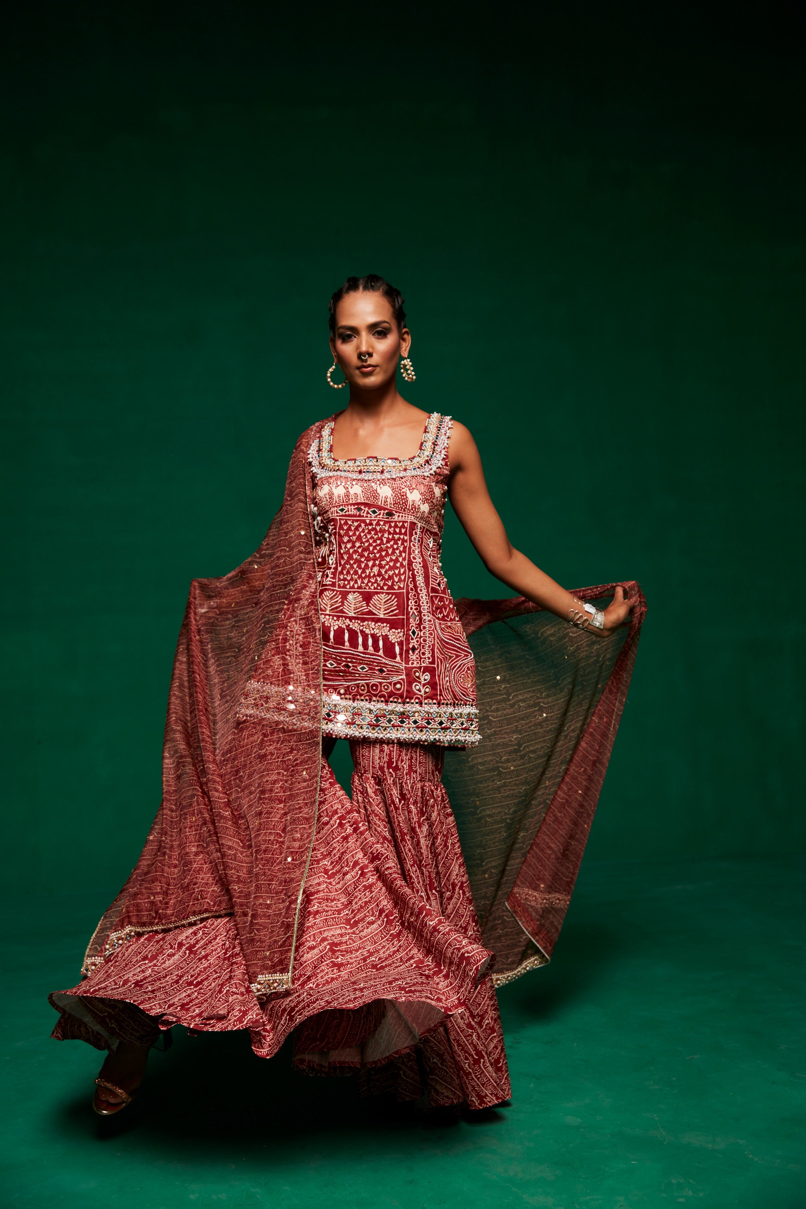 Embroidered kurta with sharara pants and organza dupatta