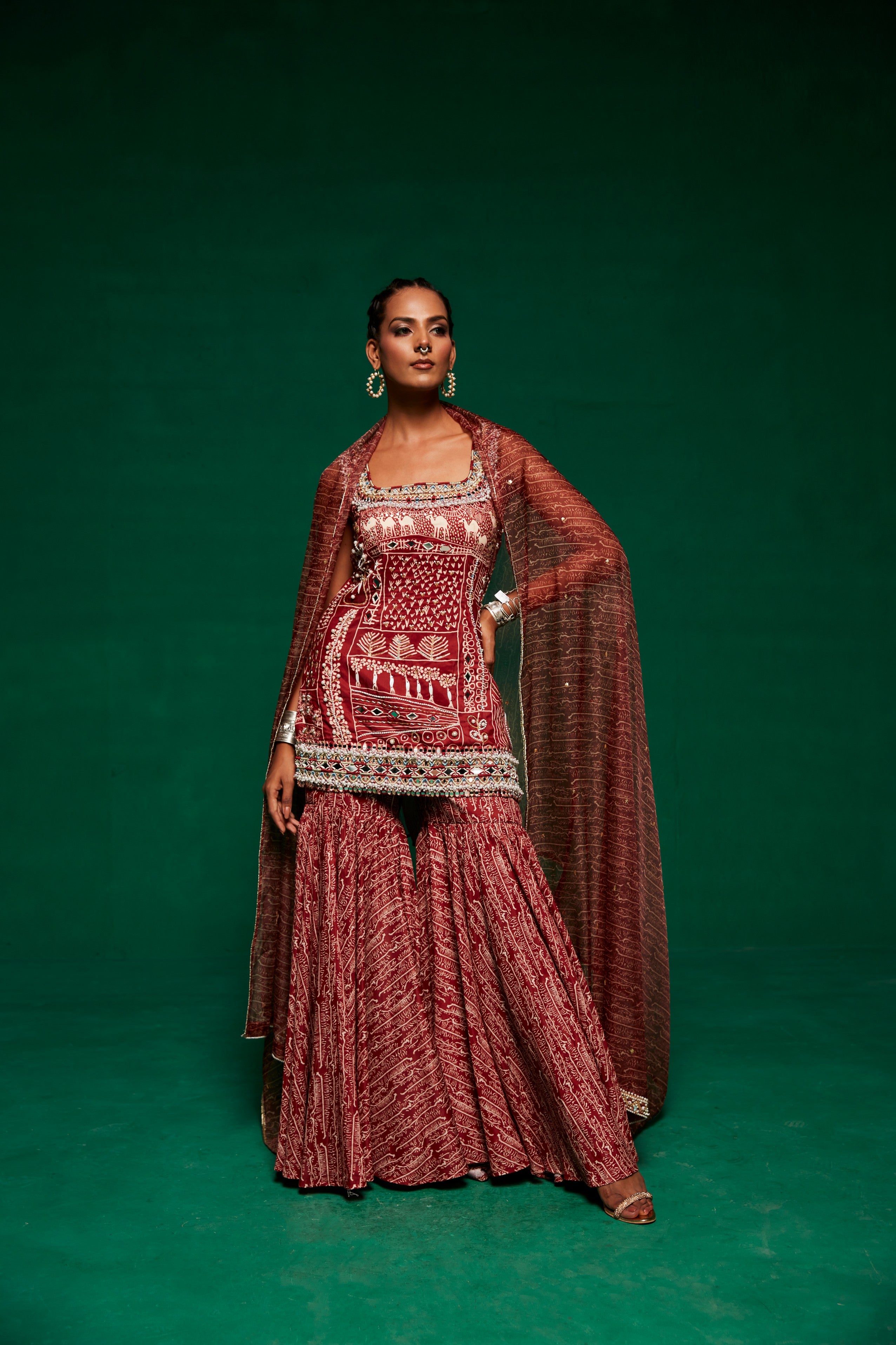 Embroidered kurta with sharara pants and organza dupatta
