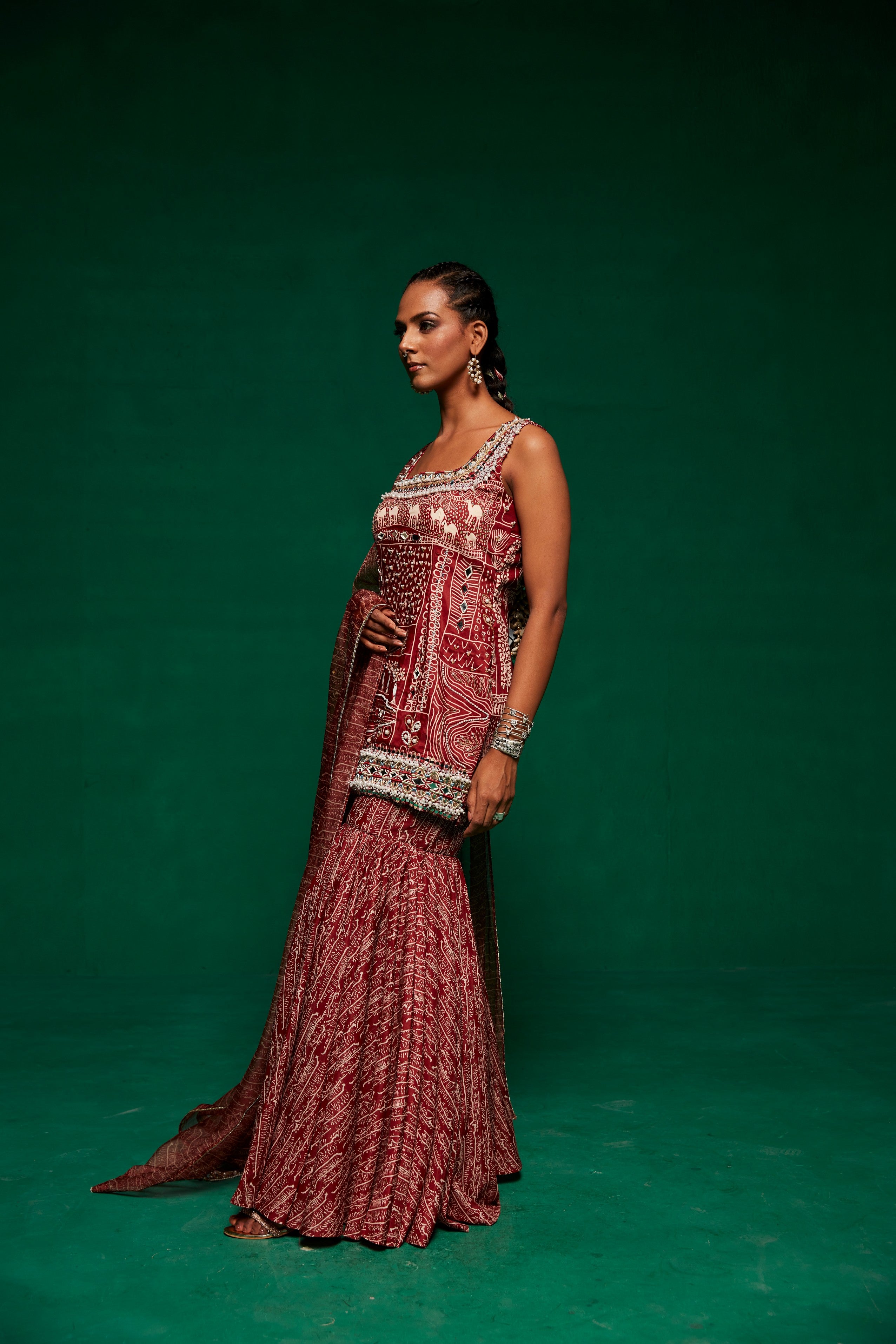 Embroidered kurta with sharara pants and organza dupatta