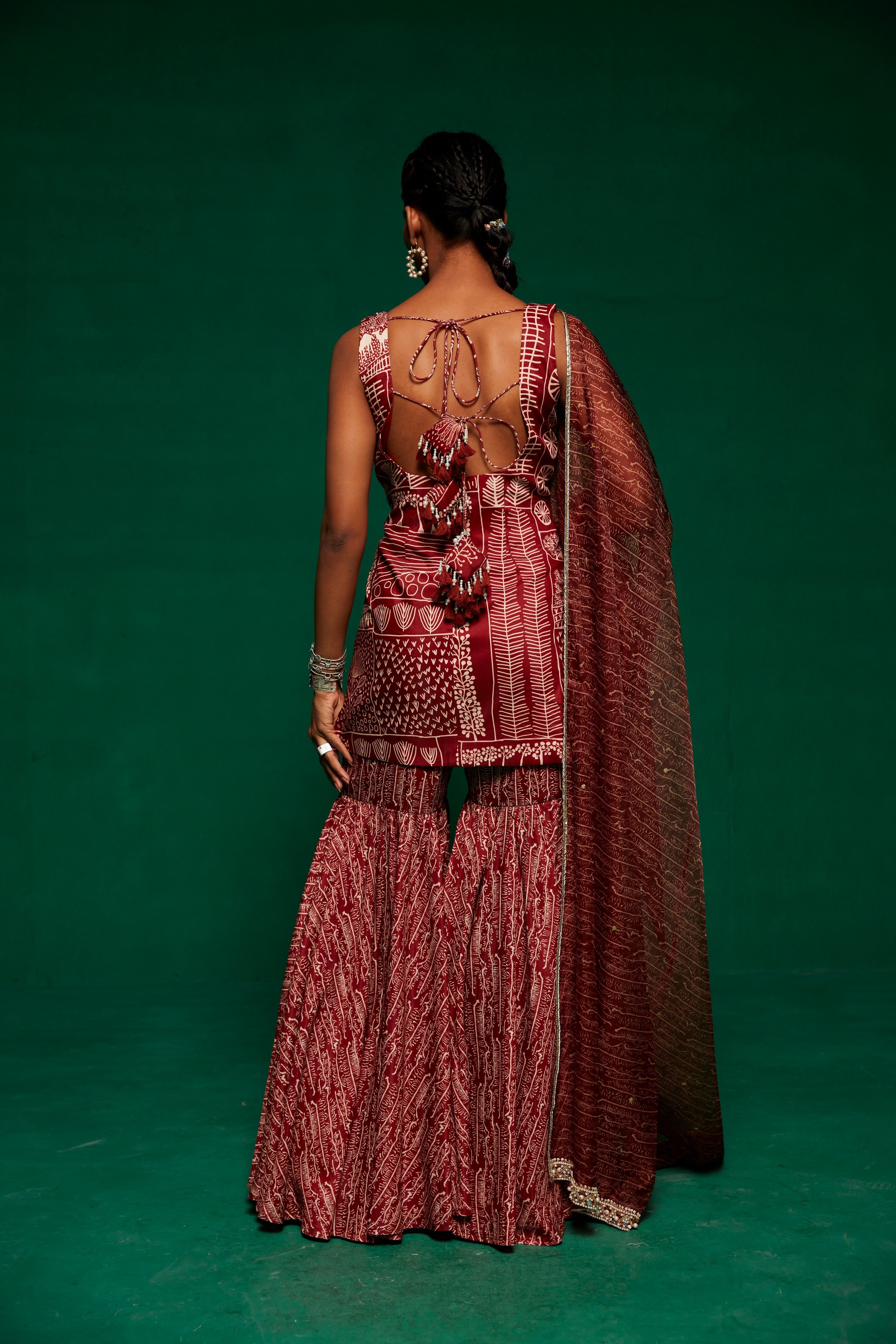 Embroidered kurta with sharara pants and organza dupatta