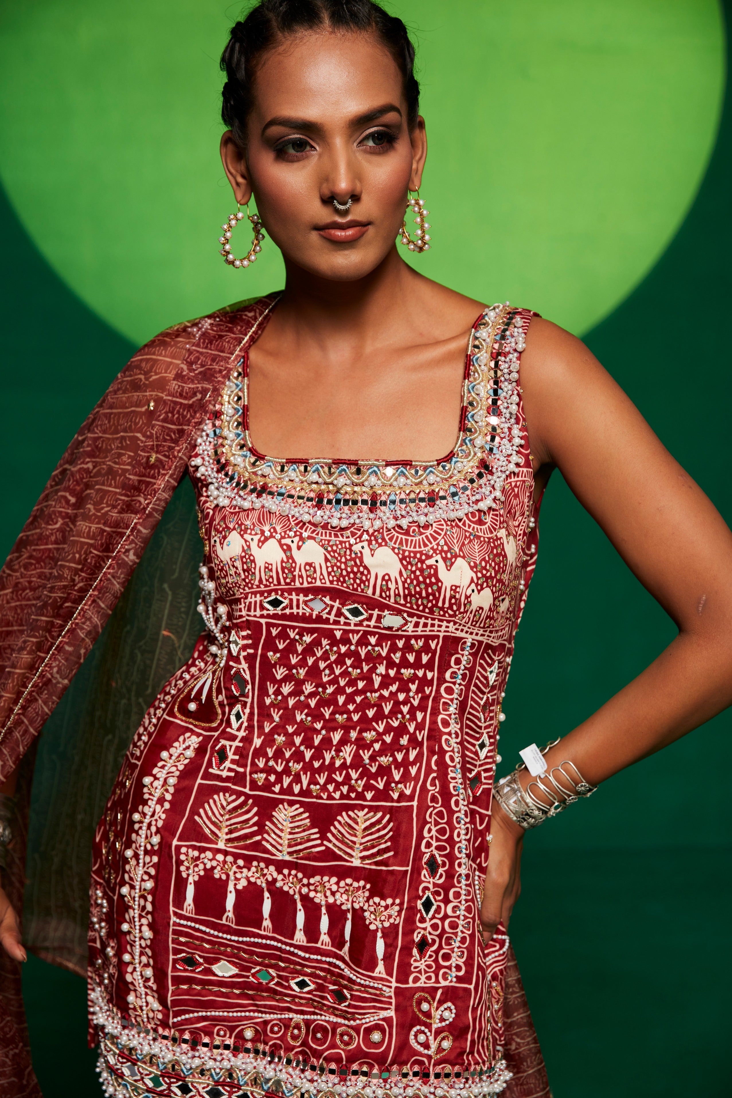 Embroidered kurta with sharara pants and organza dupatta