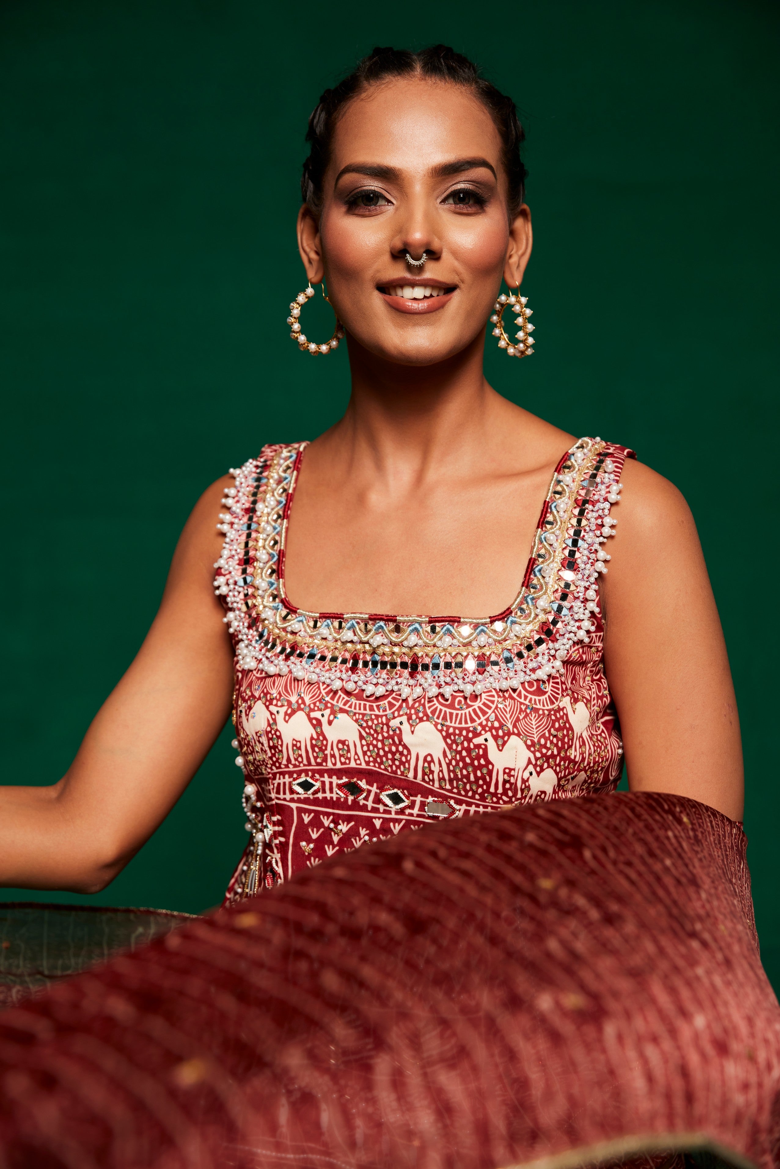 Embroidered kurta with sharara pants and organza dupatta