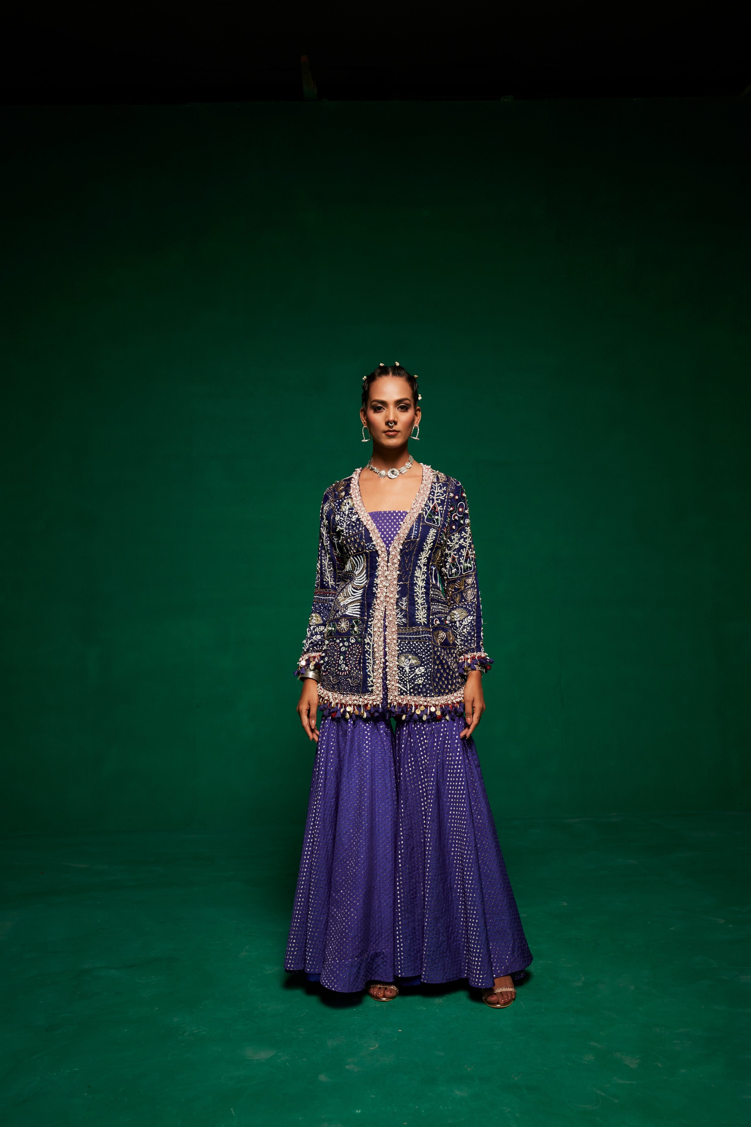 Blue jacket with tube top and sharara pants