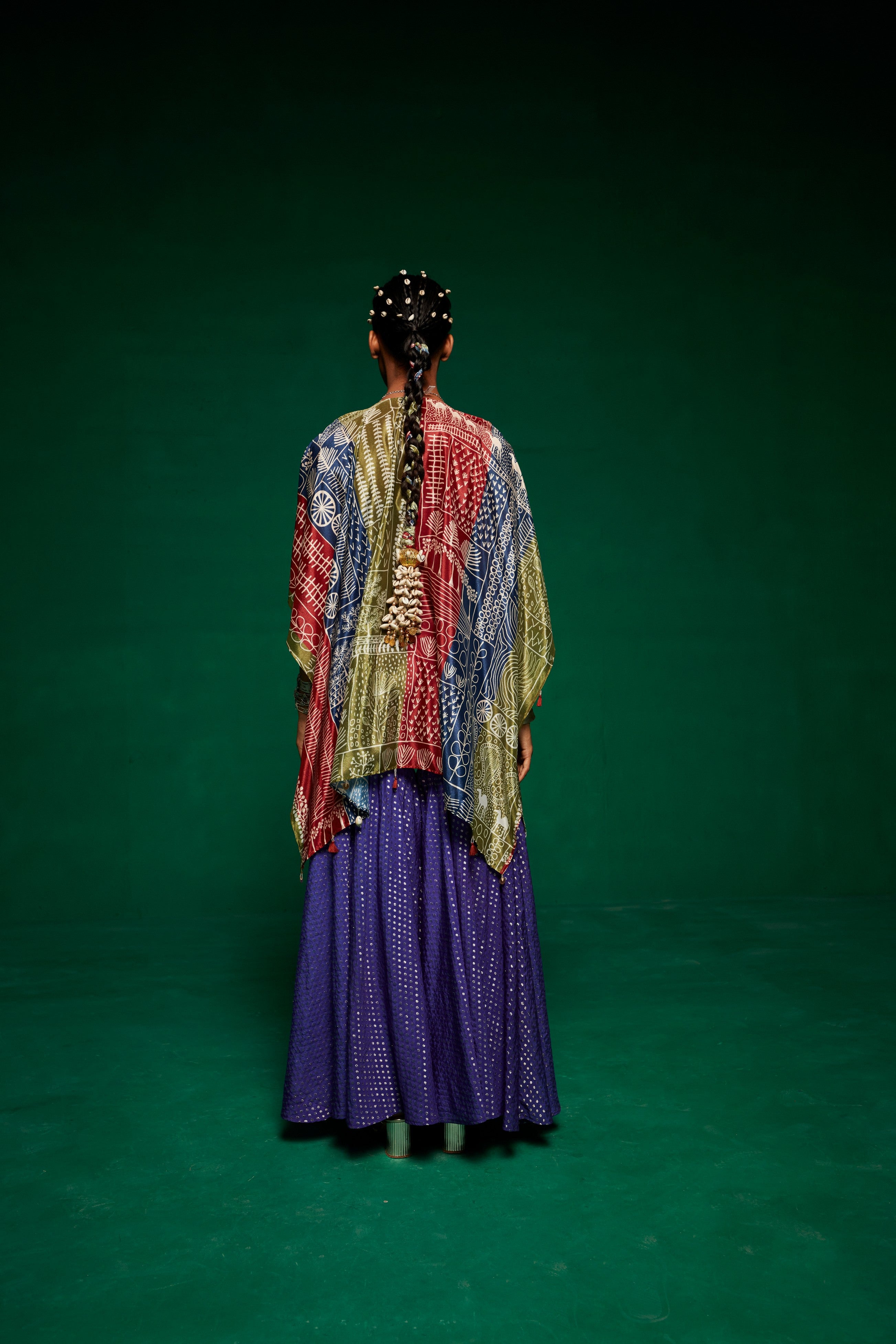 Tri coloured cape with tube top & sharara pants