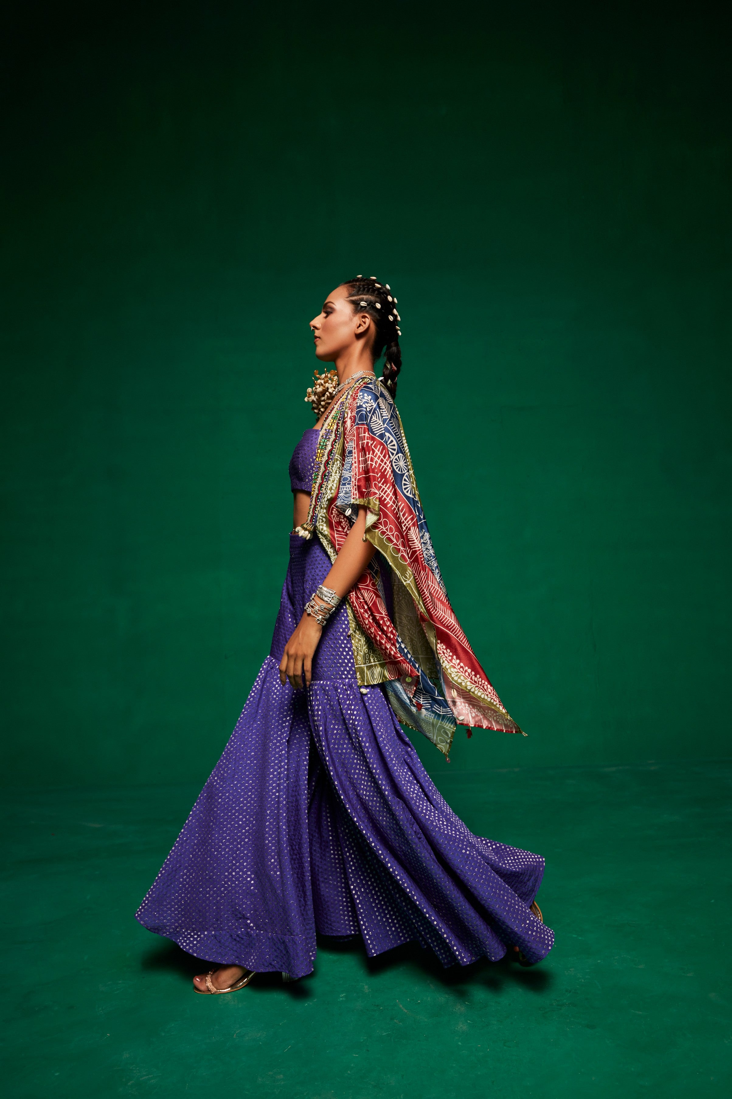Tri coloured cape with tube top & sharara pants