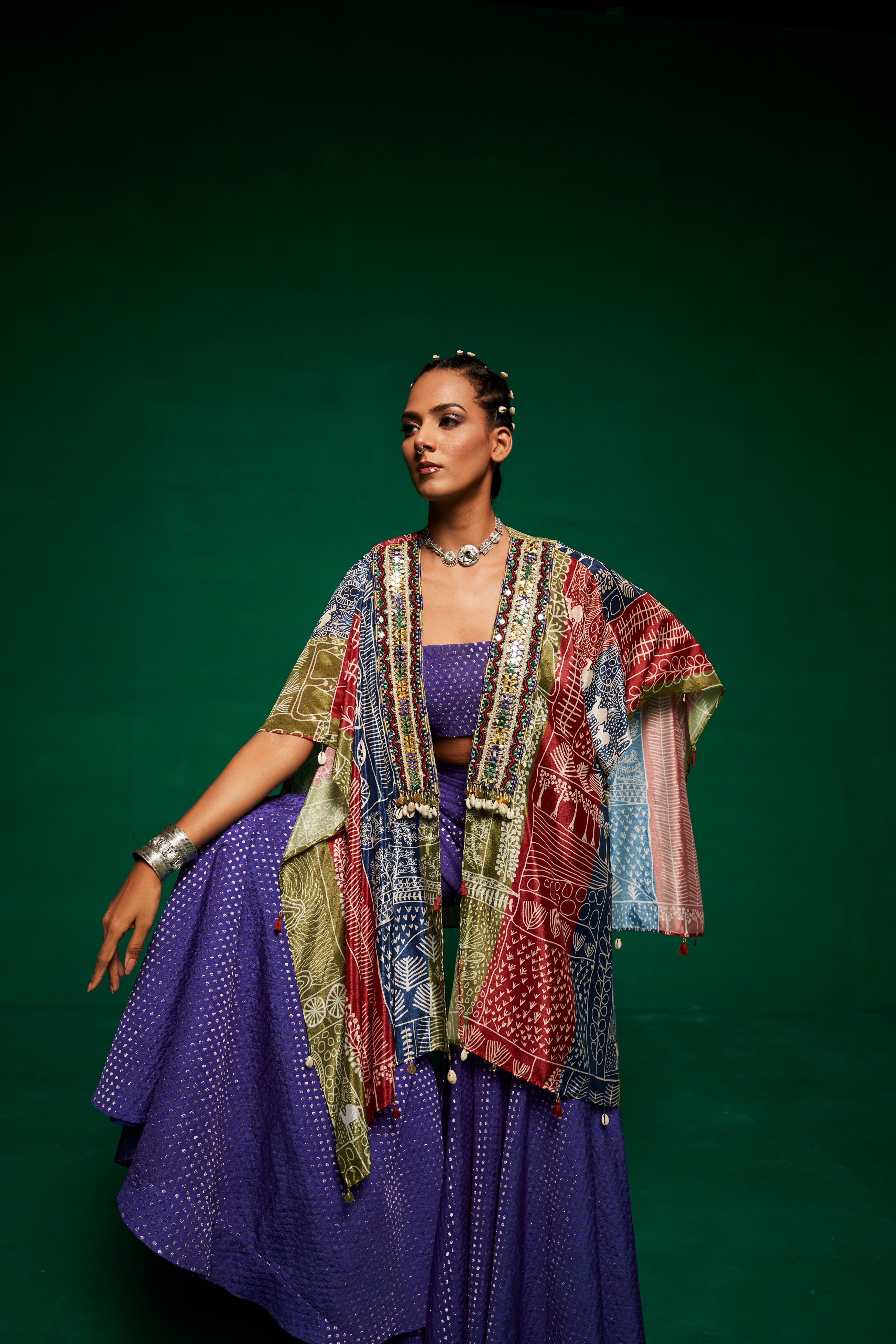 Tri coloured cape with tube top & sharara pants